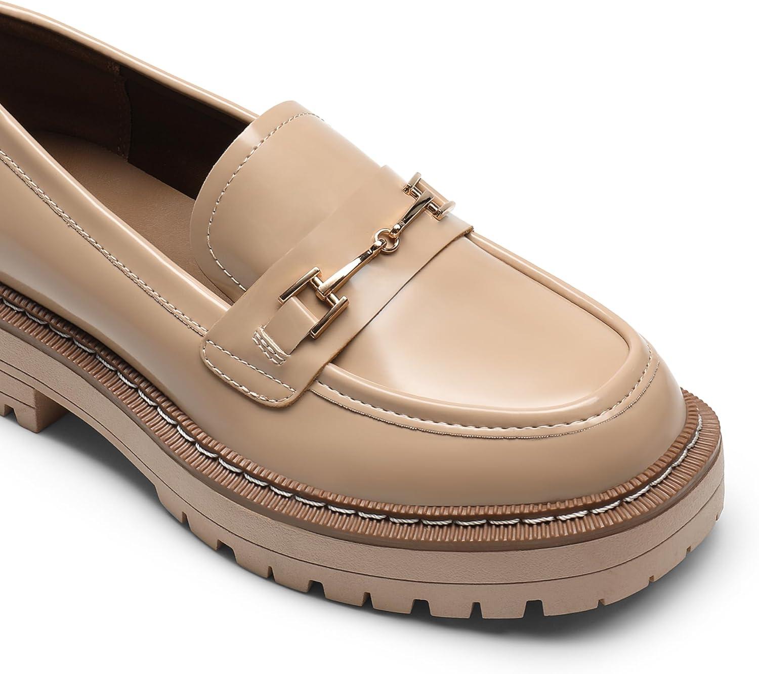 imageDREAM PAIRS Loafers for Women Platform Chunky Heel Slip On Loafers Business Office Casual Dressy Loafer ShoesNude