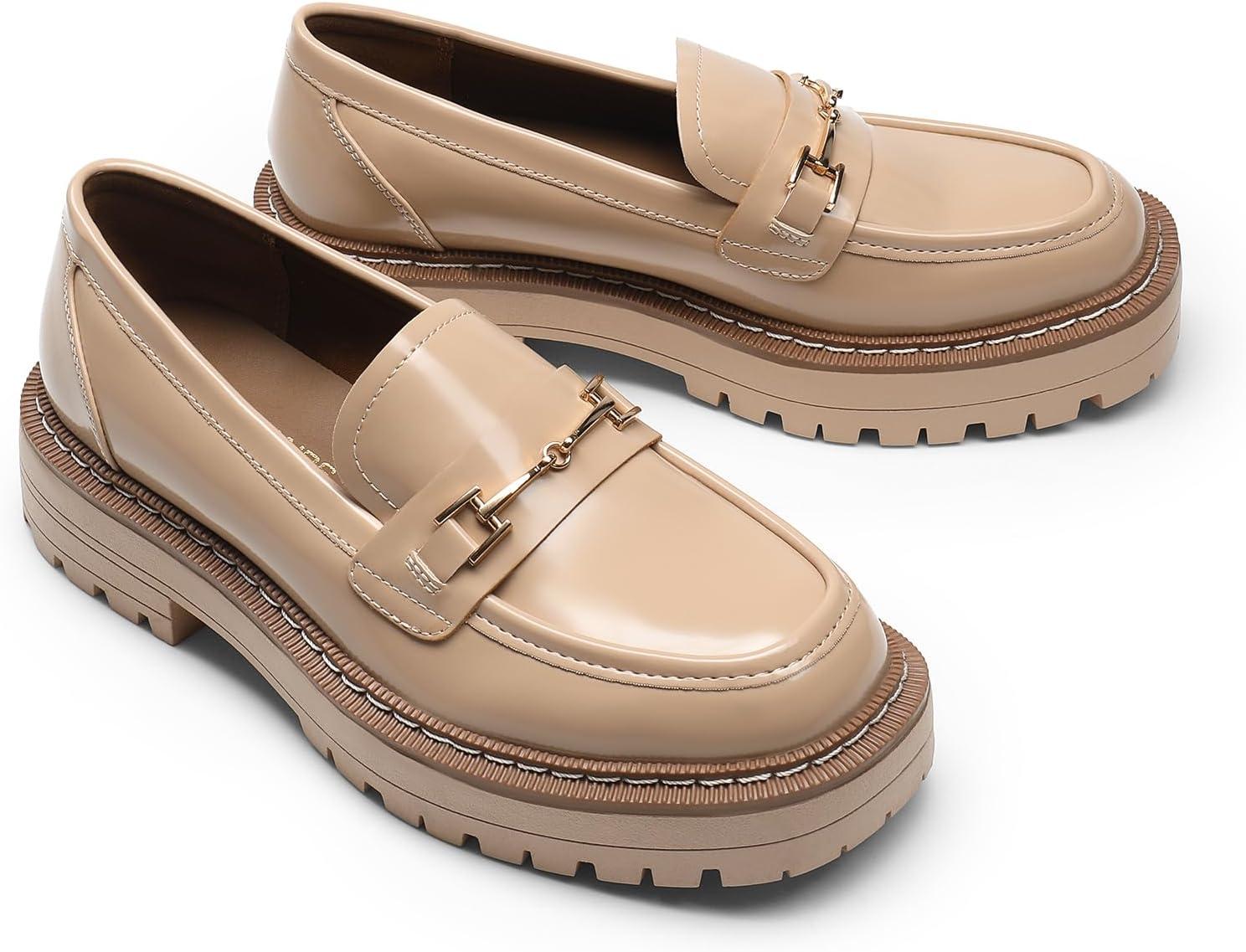 imageDREAM PAIRS Loafers for Women Platform Chunky Heel Slip On Loafers Business Office Casual Dressy Loafer ShoesNude