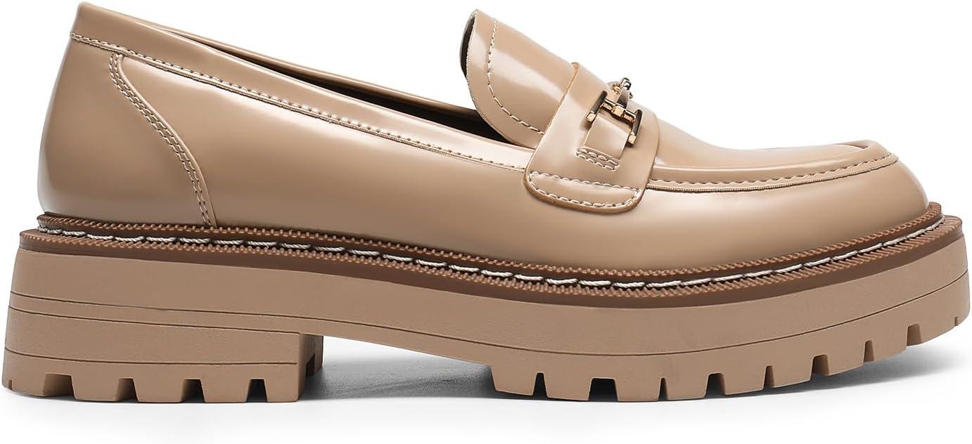 imageDREAM PAIRS Loafers for Women Platform Chunky Heel Slip On Loafers Business Office Casual Dressy Loafer ShoesNude