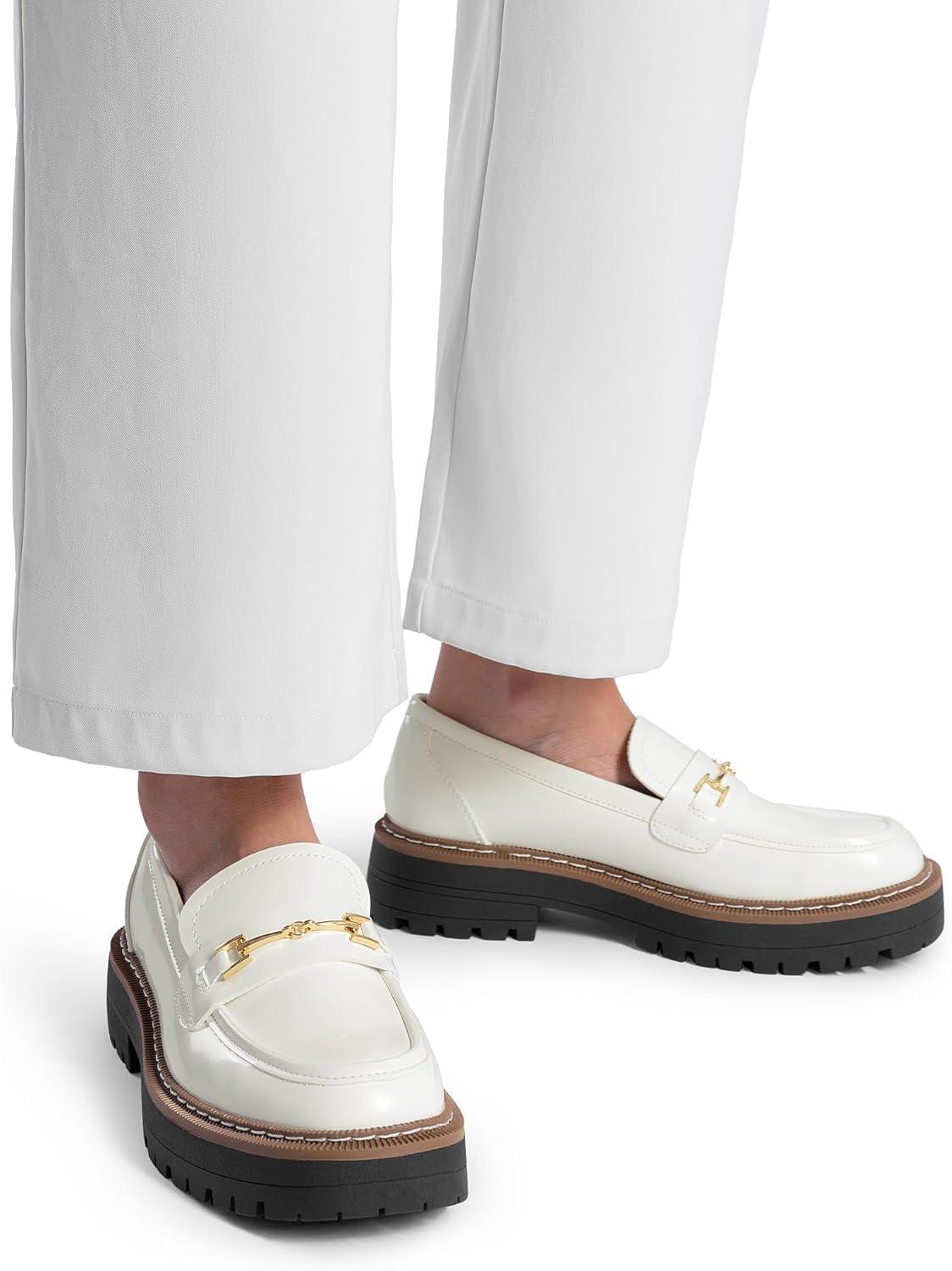 imageDREAM PAIRS Loafers for Women Platform Chunky Heel Slip On Loafers Business Office Casual Dressy Loafer ShoesWhite