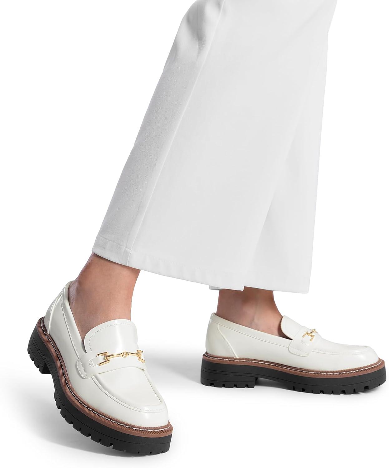 imageDREAM PAIRS Loafers for Women Platform Chunky Heel Slip On Loafers Business Office Casual Dressy Loafer ShoesWhite