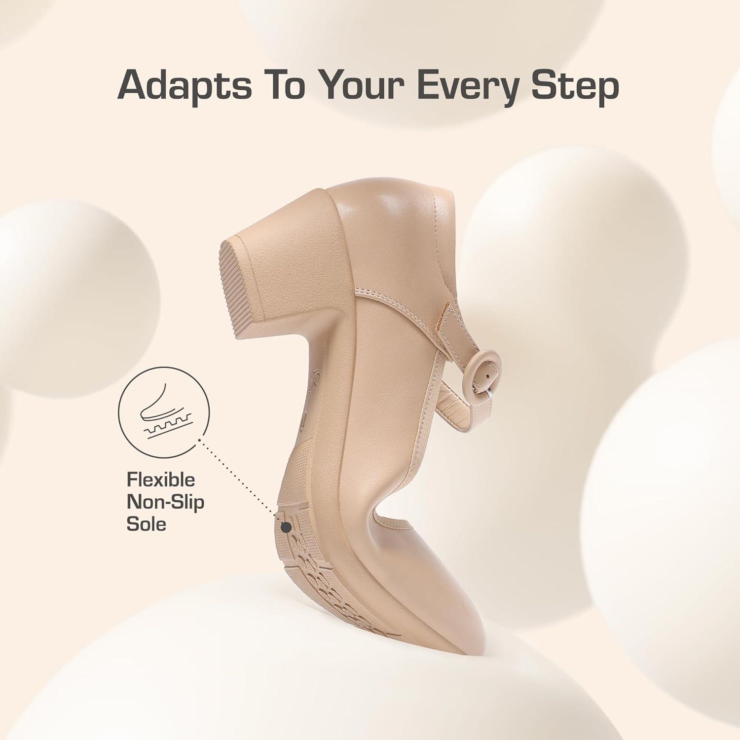 imageDREAM PAIRS Mary Jane Shoes Women Low Chunky Heels Closed Toe Pumps Comfortable Work Business Dress ShoesNude