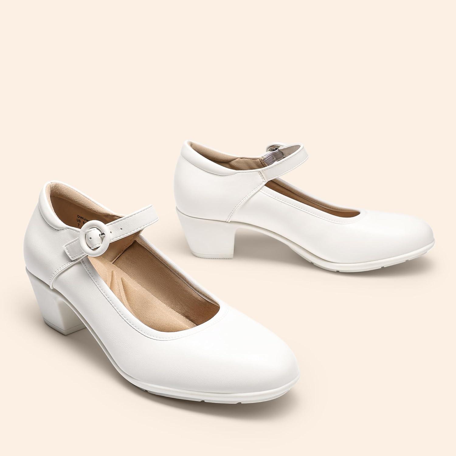 imageDREAM PAIRS Mary Jane Shoes Women Low Chunky Heels Closed Toe Pumps Comfortable Work Business Dress ShoesWhite