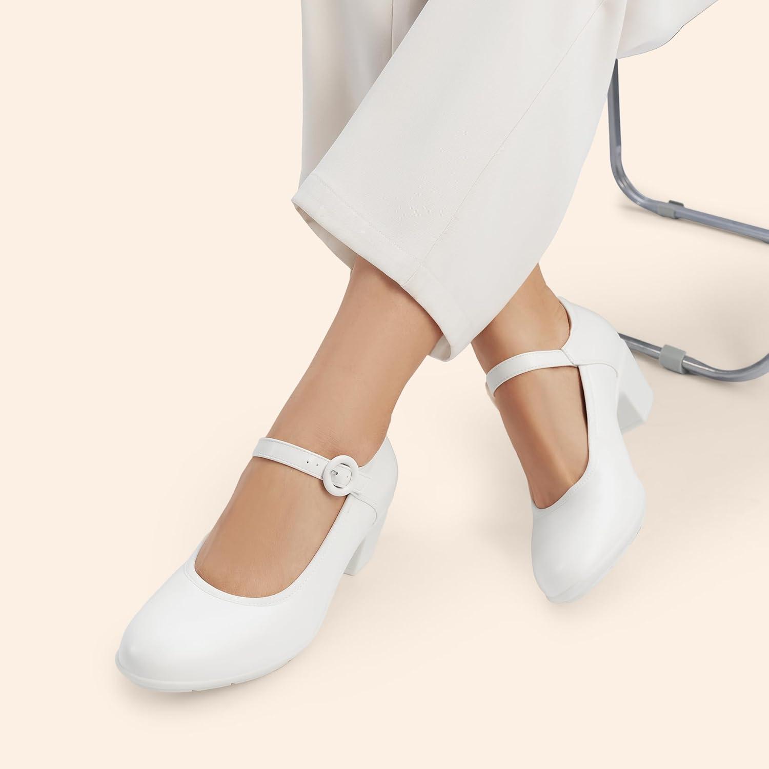 imageDREAM PAIRS Mary Jane Shoes Women Low Chunky Heels Closed Toe Pumps Comfortable Work Business Dress ShoesWhite