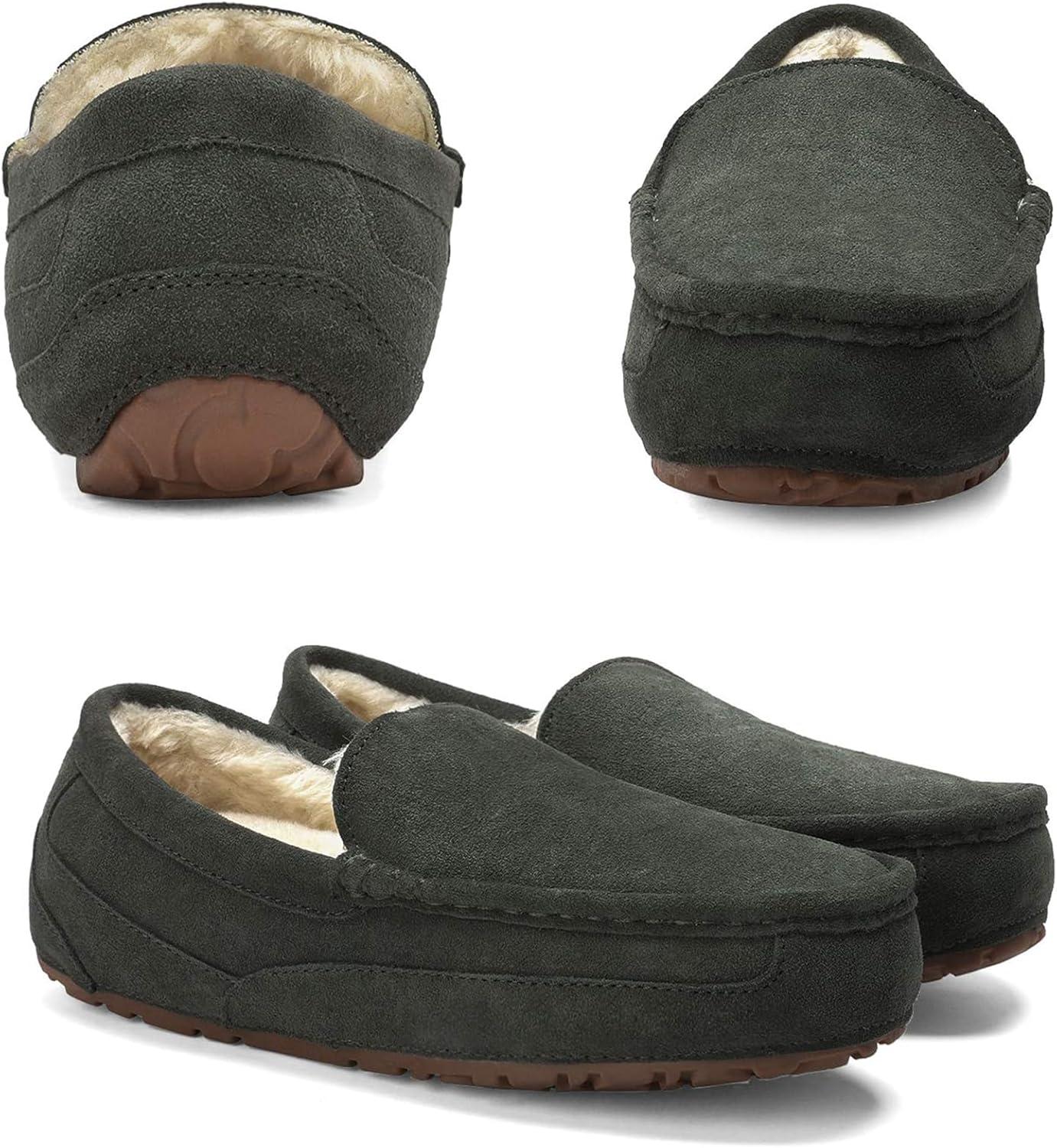 imageDREAM PAIRS Mens House Slippers Moccasin Indoor Outdoor Fuzzy Furry Loafers Suede Leather Warm Comfortable ShoesGrey