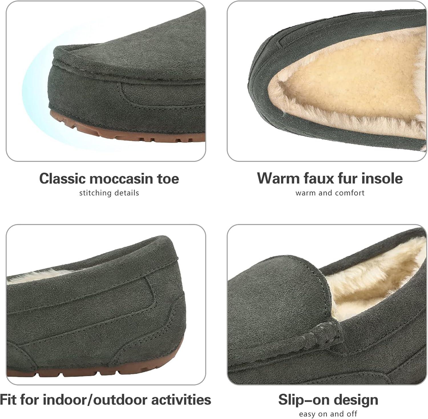 imageDREAM PAIRS Mens House Slippers Moccasin Indoor Outdoor Fuzzy Furry Loafers Suede Leather Warm Comfortable ShoesGrey