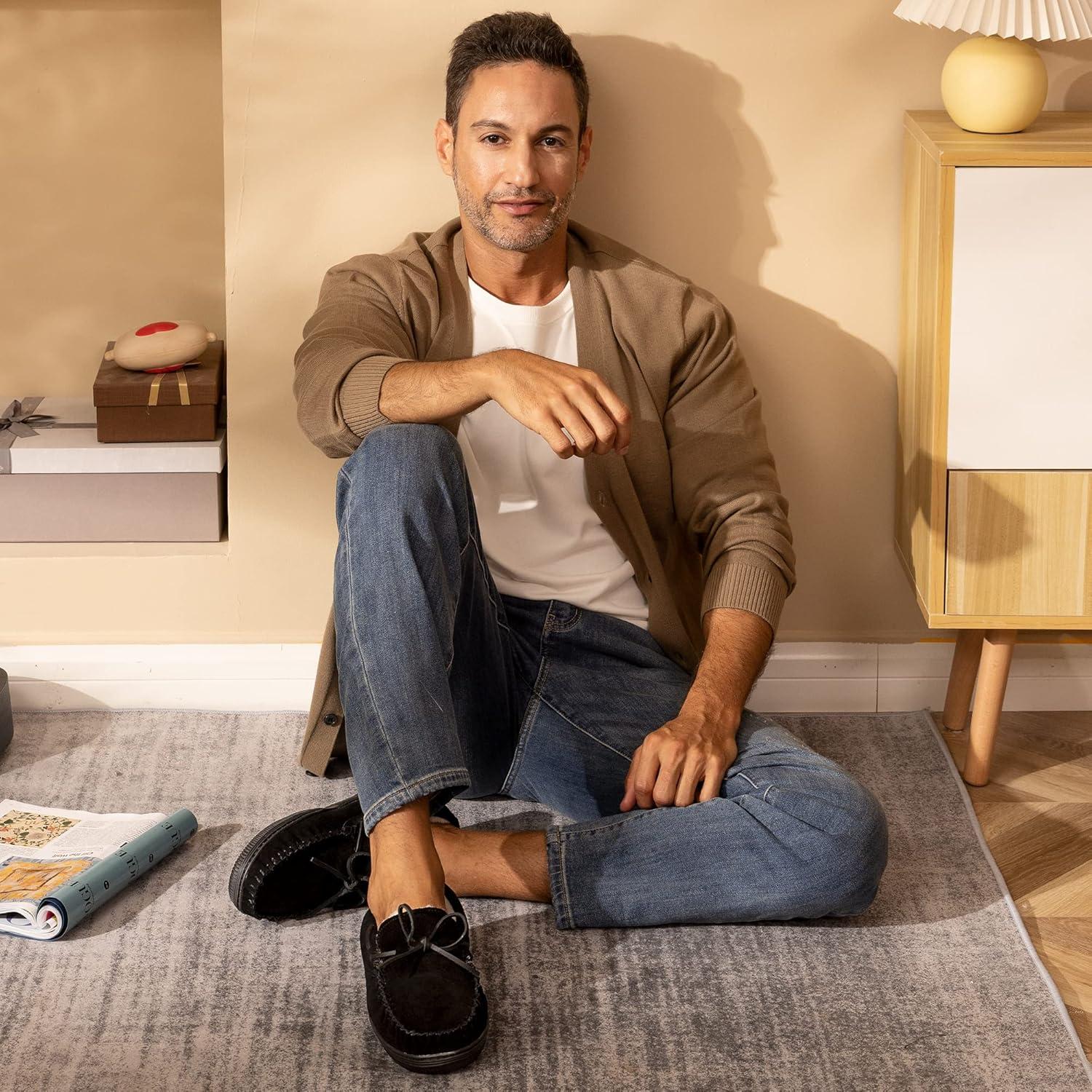 imageDREAM PAIRS Mens Moccasin Slippers Fuzzy Plush House Shoes Indoor Outdoor Fleece Lining LoafersBlack