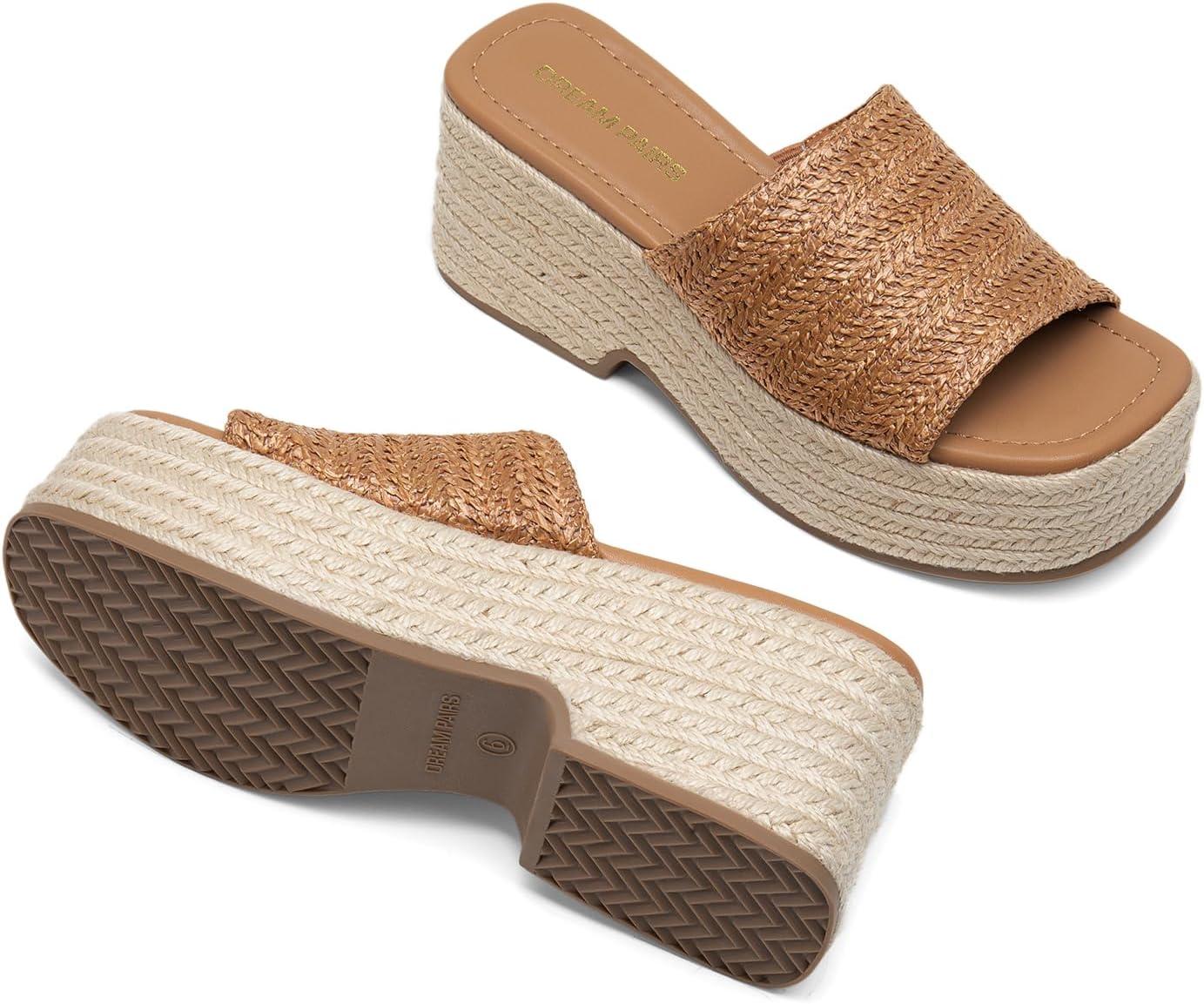 imageDREAM PAIRS Platform Espadrille Sandals for Women Wedges Slides Slip on Bohemia Sandals Flatform Open Toe Beach Sandals Dressy Outdoor Summer ShoesBrown
