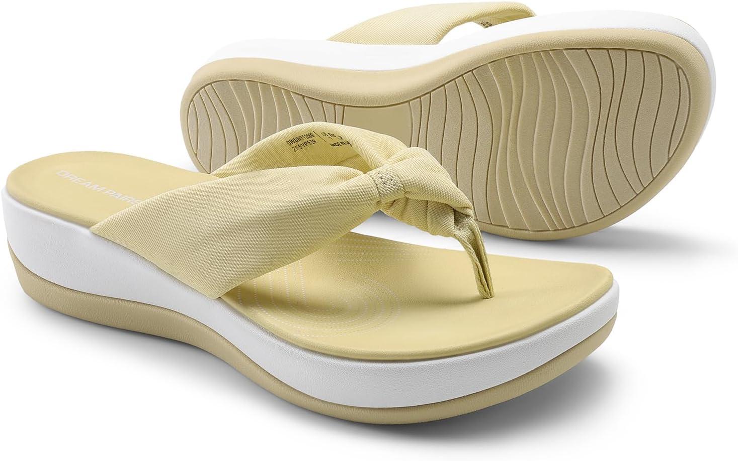 imageDREAM PAIRS Platform Flip Flops for Women Cushioned Thong Sandals with Soft Eva Foam Insole Lightweight Lycra fabric Comfort Dressy Slides Slippers for Summer BeachBeige
