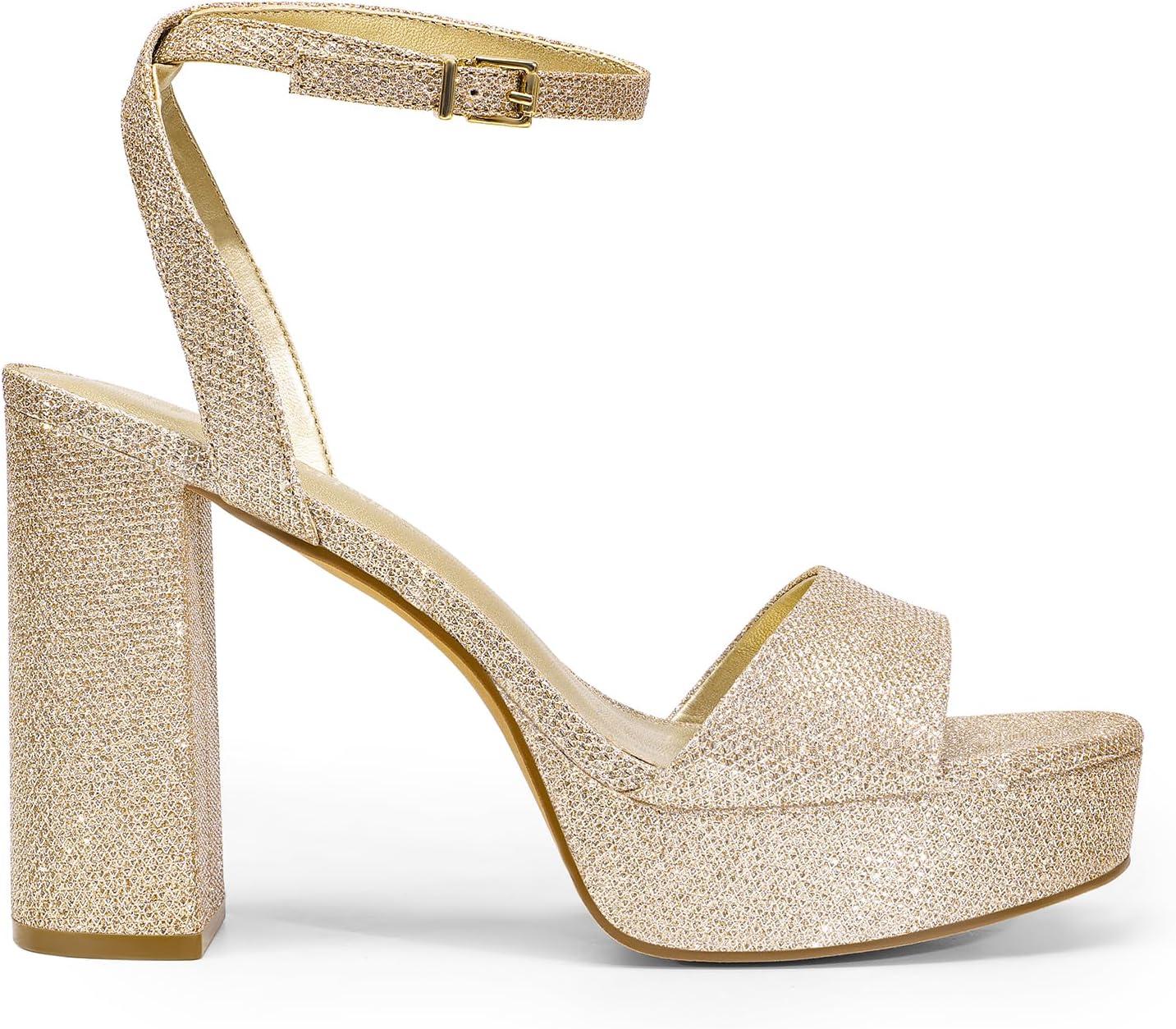 imageDREAM PAIRS Platform High Heels for Women Chunky Round Open Toe Ankle Strap Stylish Heeled Sandals for Party Prom WeddingGoldglitter