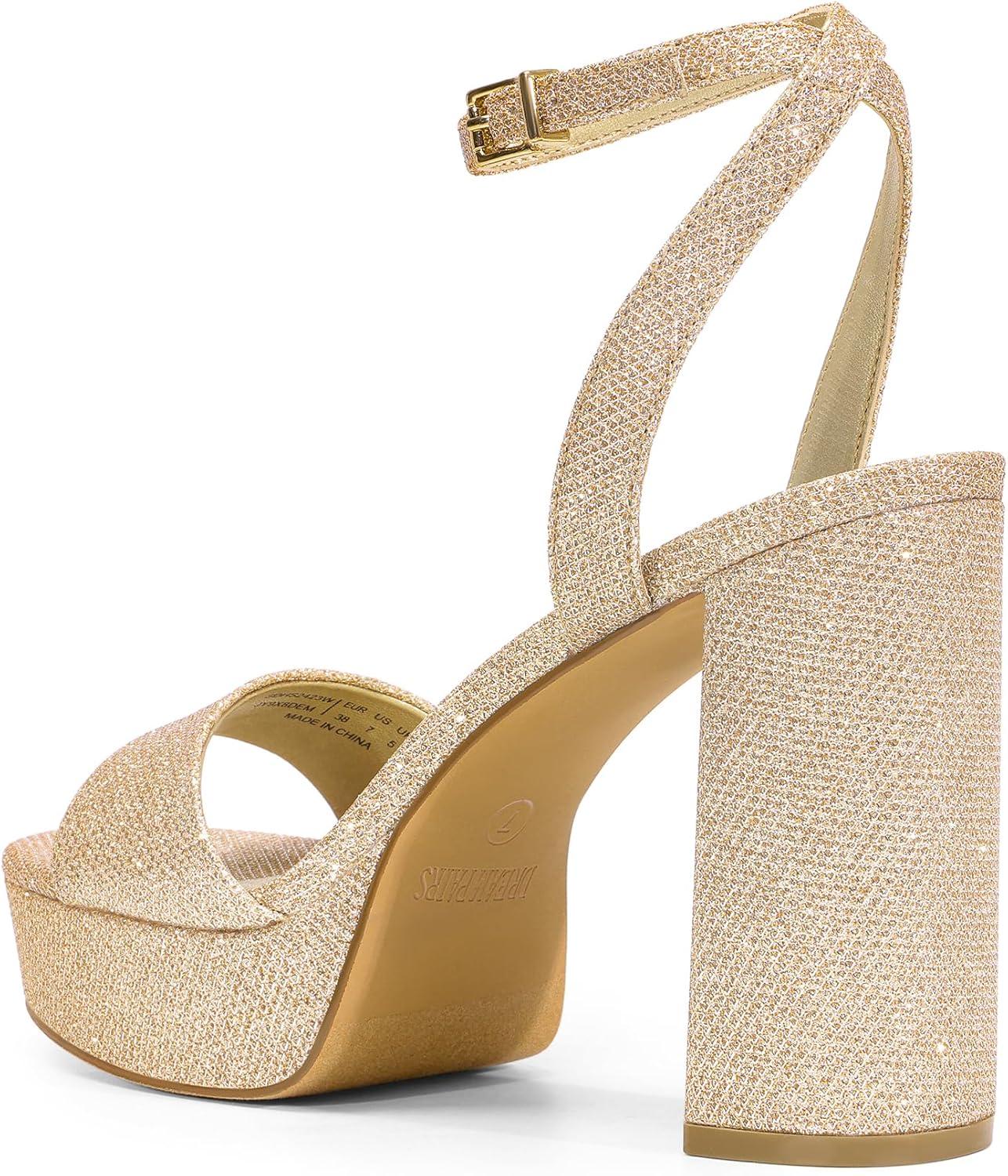 imageDREAM PAIRS Platform High Heels for Women Chunky Round Open Toe Ankle Strap Stylish Heeled Sandals for Party Prom WeddingGoldglitter