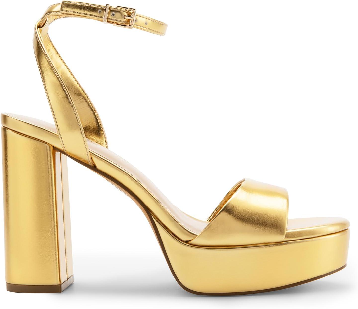 imageDREAM PAIRS Platform High Heels for Women Chunky Round Open Toe Ankle Strap Stylish Heeled Sandals for Party Prom WeddingGoldpu