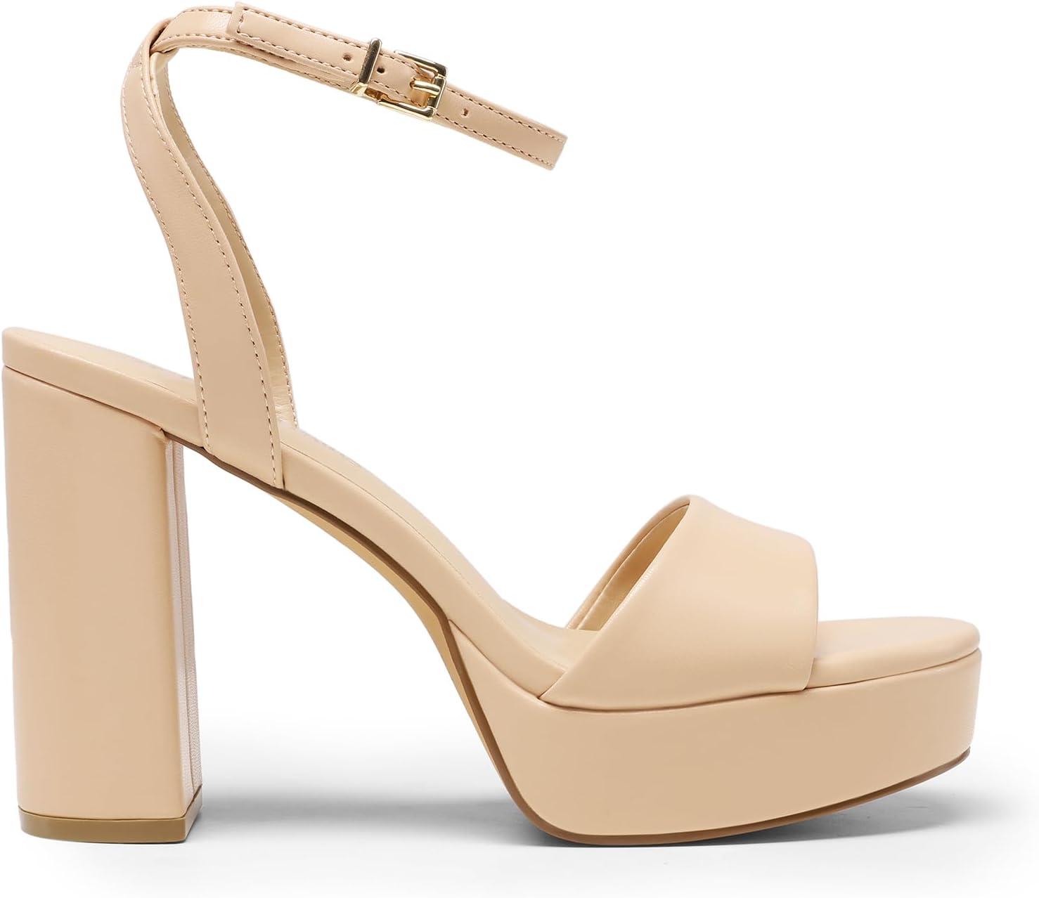 imageDREAM PAIRS Platform High Heels for Women Chunky Round Open Toe Ankle Strap Stylish Heeled Sandals for Party Prom WeddingNudepu