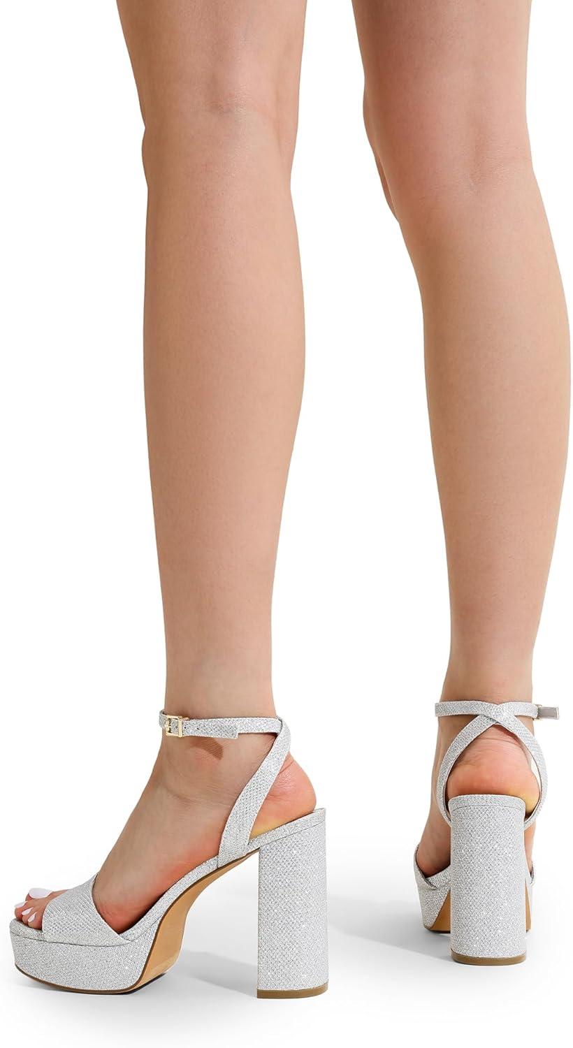 imageDREAM PAIRS Platform High Heels for Women Chunky Round Open Toe Ankle Strap Stylish Heeled Sandals for Party Prom WeddingSilverglitter