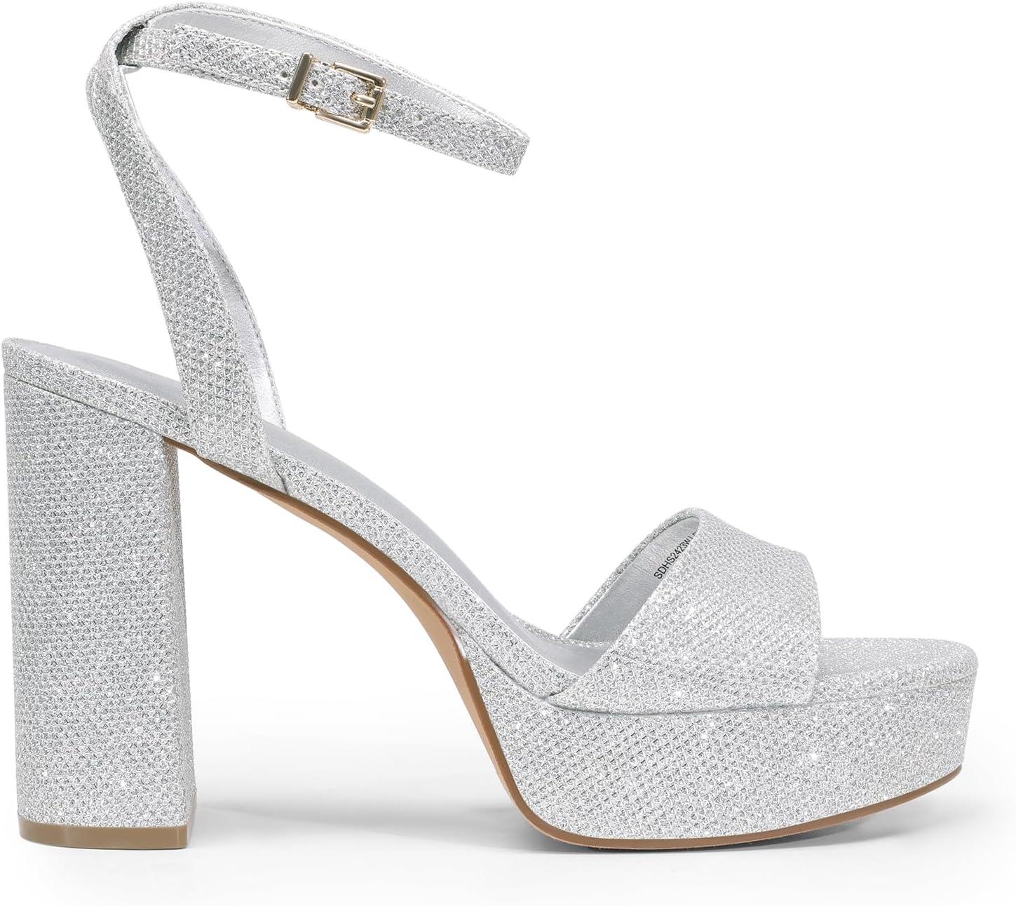 imageDREAM PAIRS Platform High Heels for Women Chunky Round Open Toe Ankle Strap Stylish Heeled Sandals for Party Prom WeddingSilverglitter