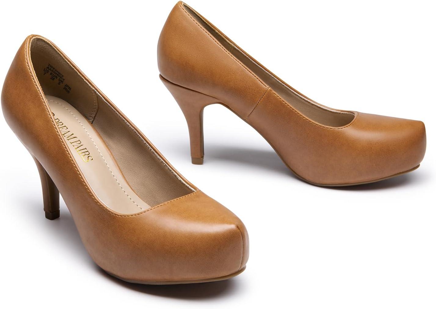 imageDREAM PAIRS Tiffany Womens Classic Elegant Versatile Low Stiletto Heel Dress Platform Pumps ShoesTanPu