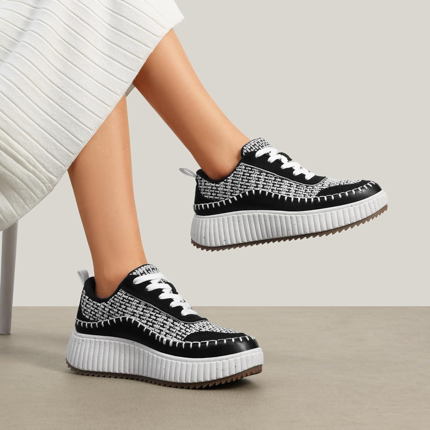 imageDREAM PAIRS Women Chunky City Tweed Comfortable Casual Platform Fashion SneakerBlackWhite