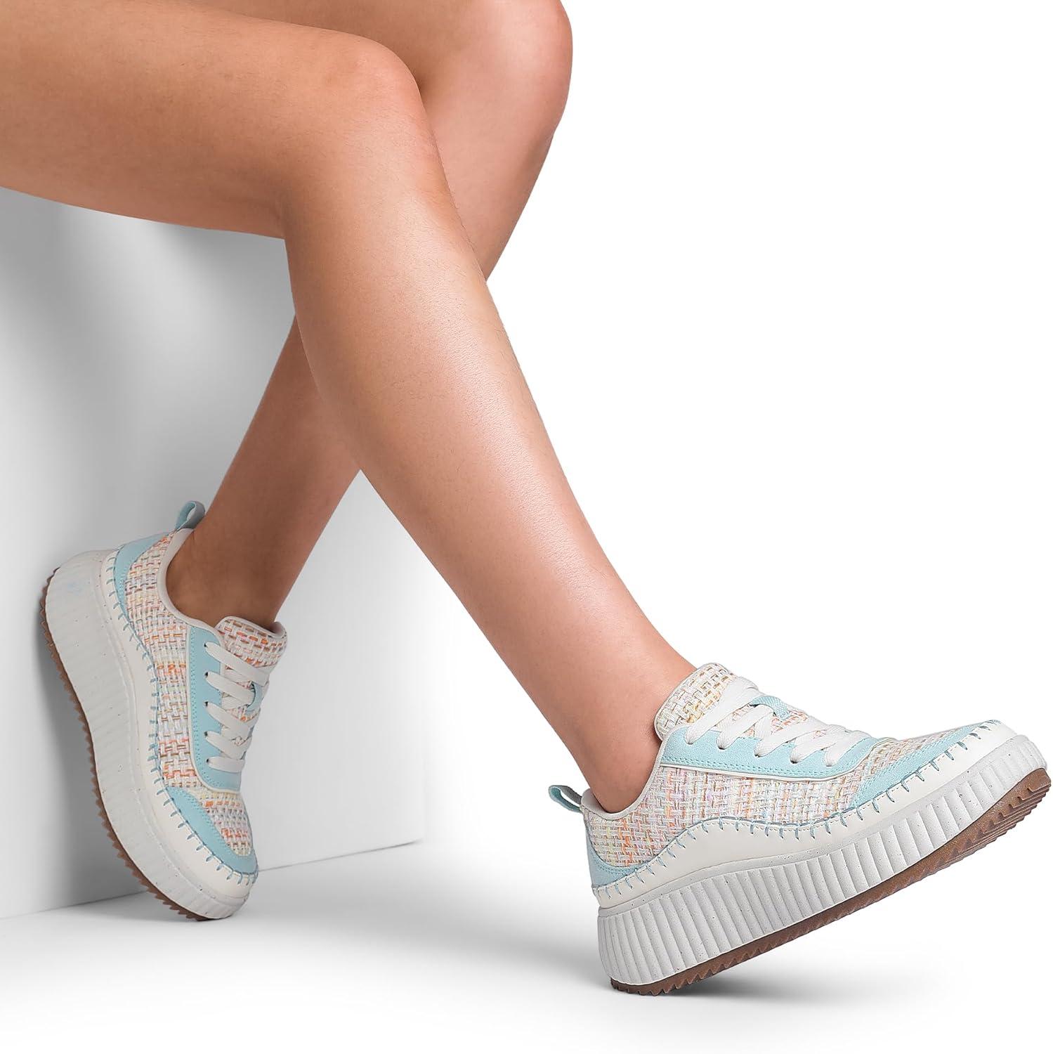 imageDREAM PAIRS Women Chunky City Tweed Comfortable Casual Platform Fashion SneakerBlueRainbowknit