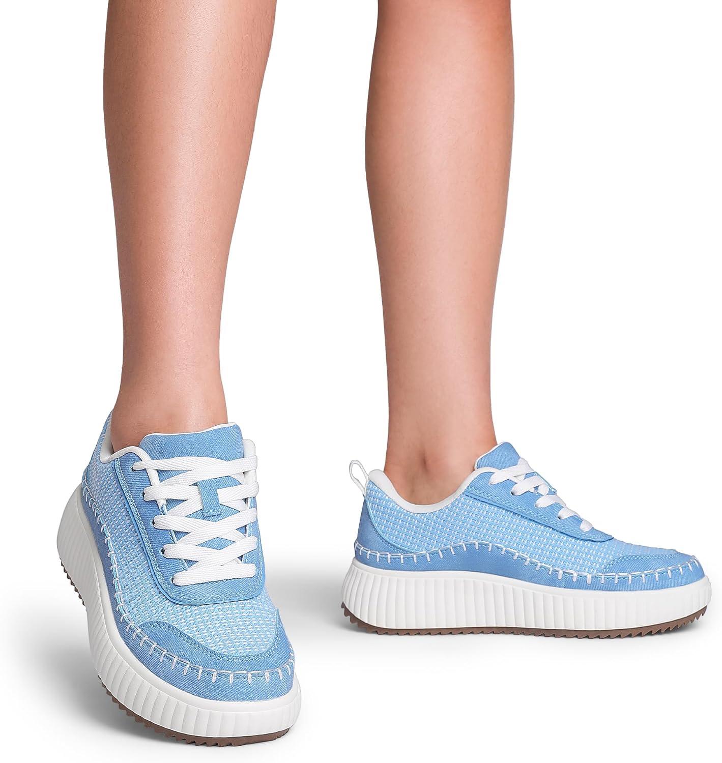 imageDREAM PAIRS Women Chunky City Tweed Comfortable Casual Platform Fashion SneakerBlueknit