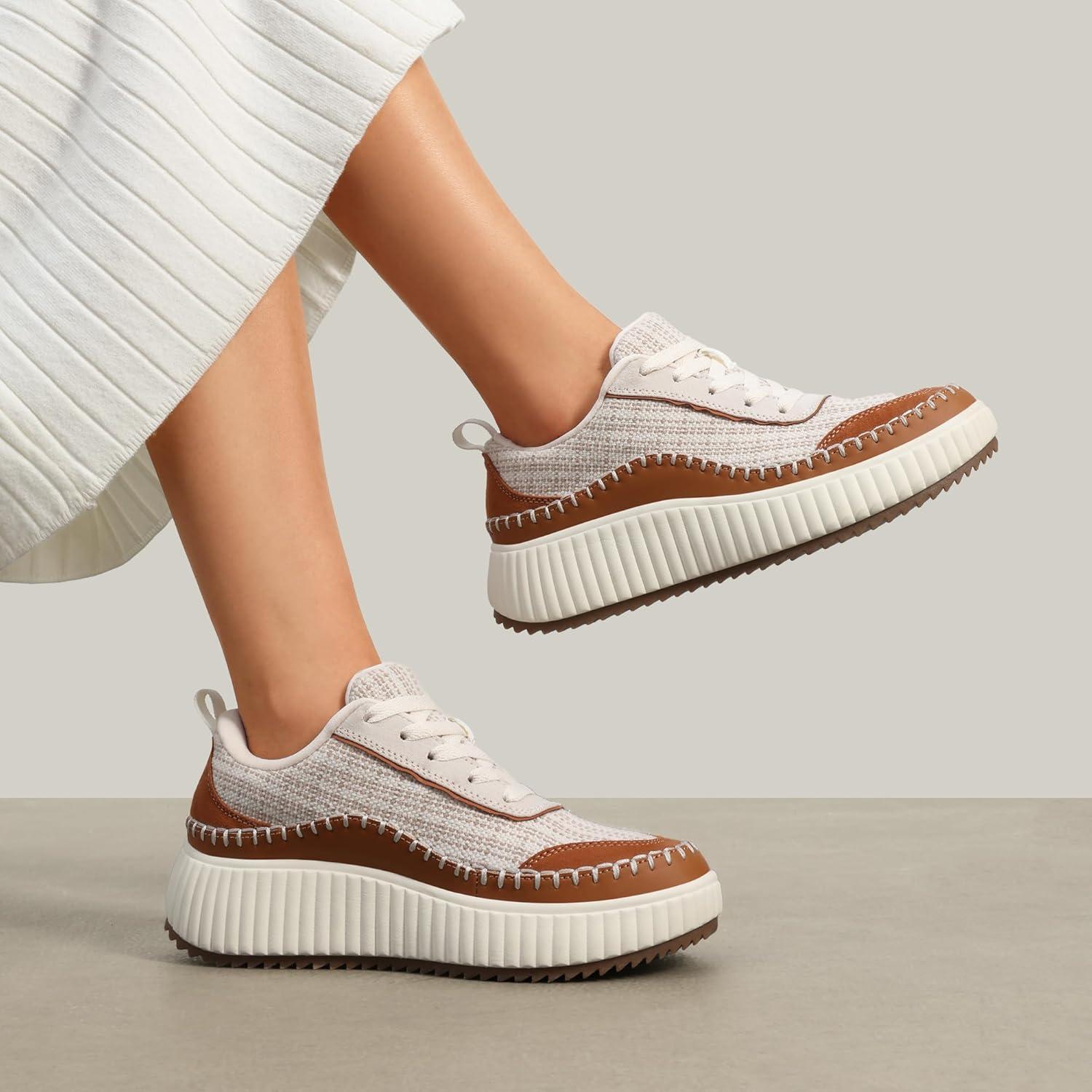imageDREAM PAIRS Women Chunky City Tweed Comfortable Casual Platform Fashion SneakerBrown Beige