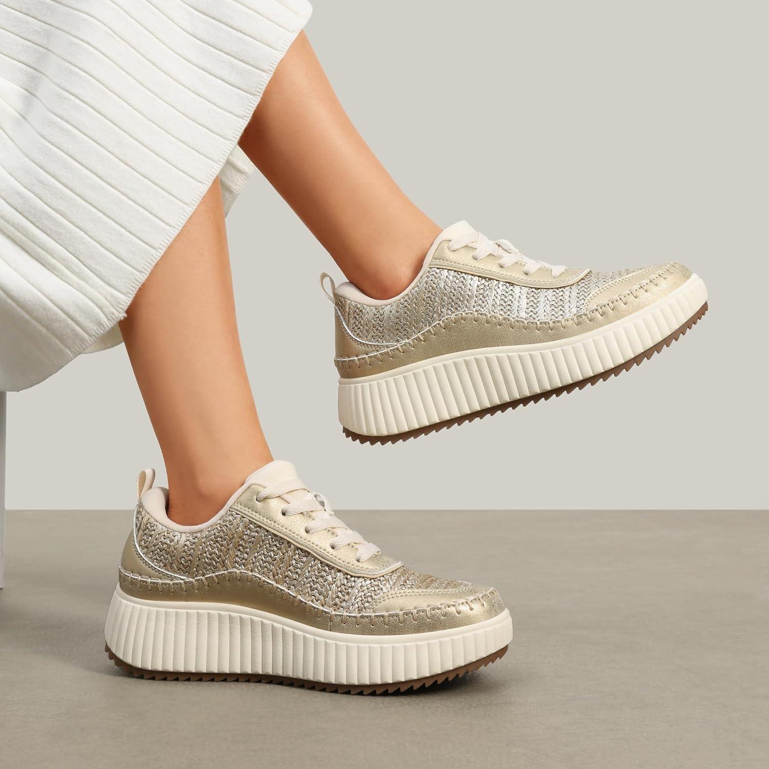 imageDREAM PAIRS Women Chunky City Tweed Comfortable Casual Platform Fashion SneakerGold