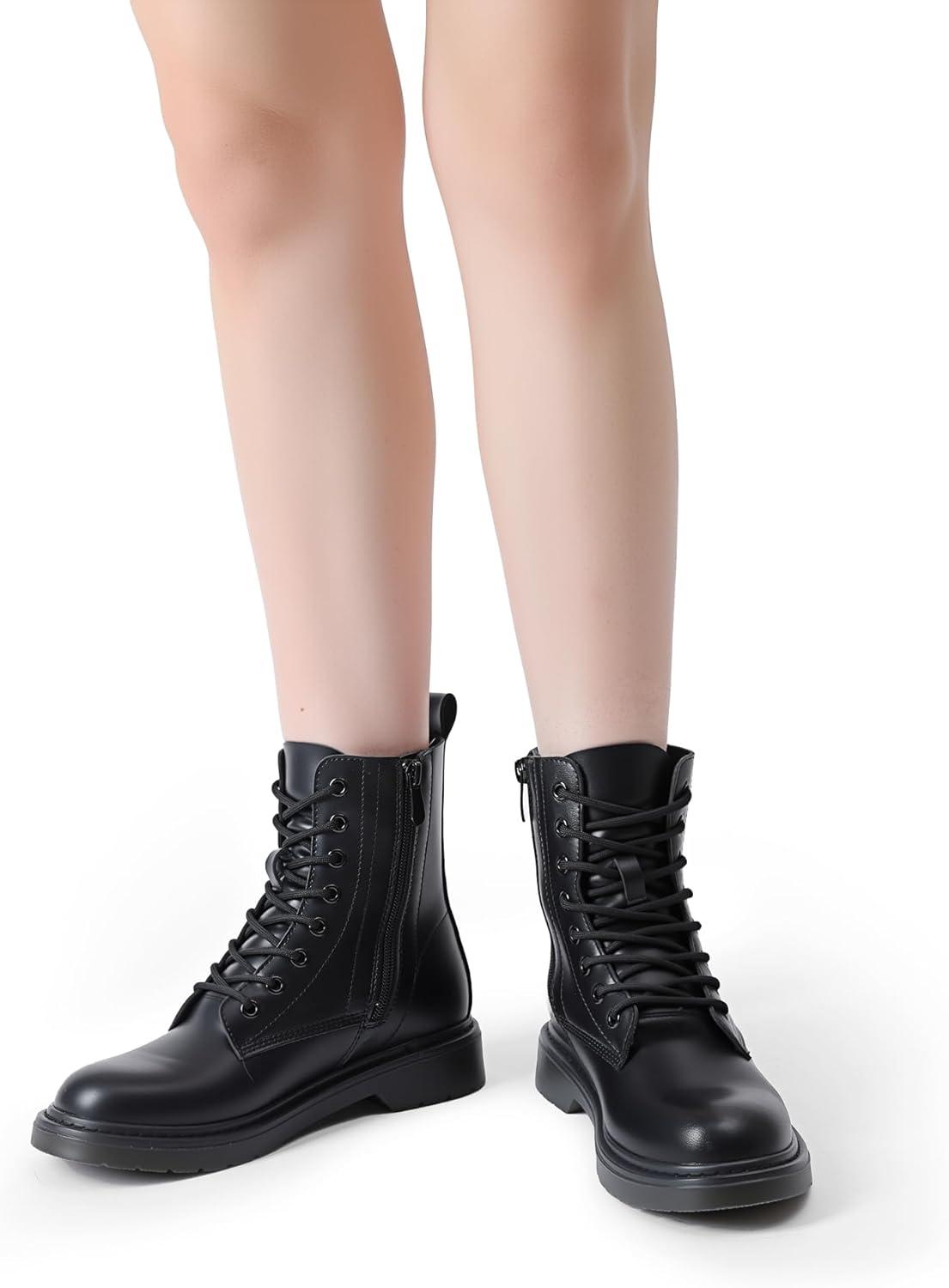 imageDREAM PAIRS Women Combat Boots Laceup Low Heel Ankle BootiesBlackmatte