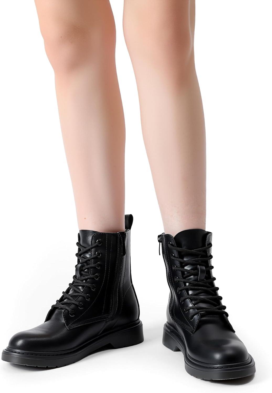 imageDREAM PAIRS Women Combat Boots Laceup Low Heel Ankle BootiesBlackpu