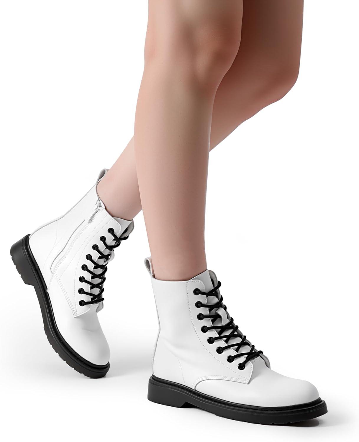 imageDREAM PAIRS Women Combat Boots Laceup Low Heel Ankle BootiesWhite