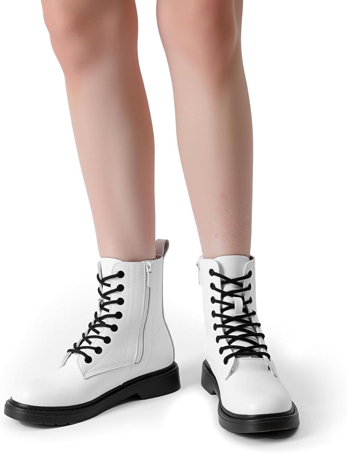 imageDREAM PAIRS Women Combat Boots Laceup Low Heel Ankle BootiesWhite