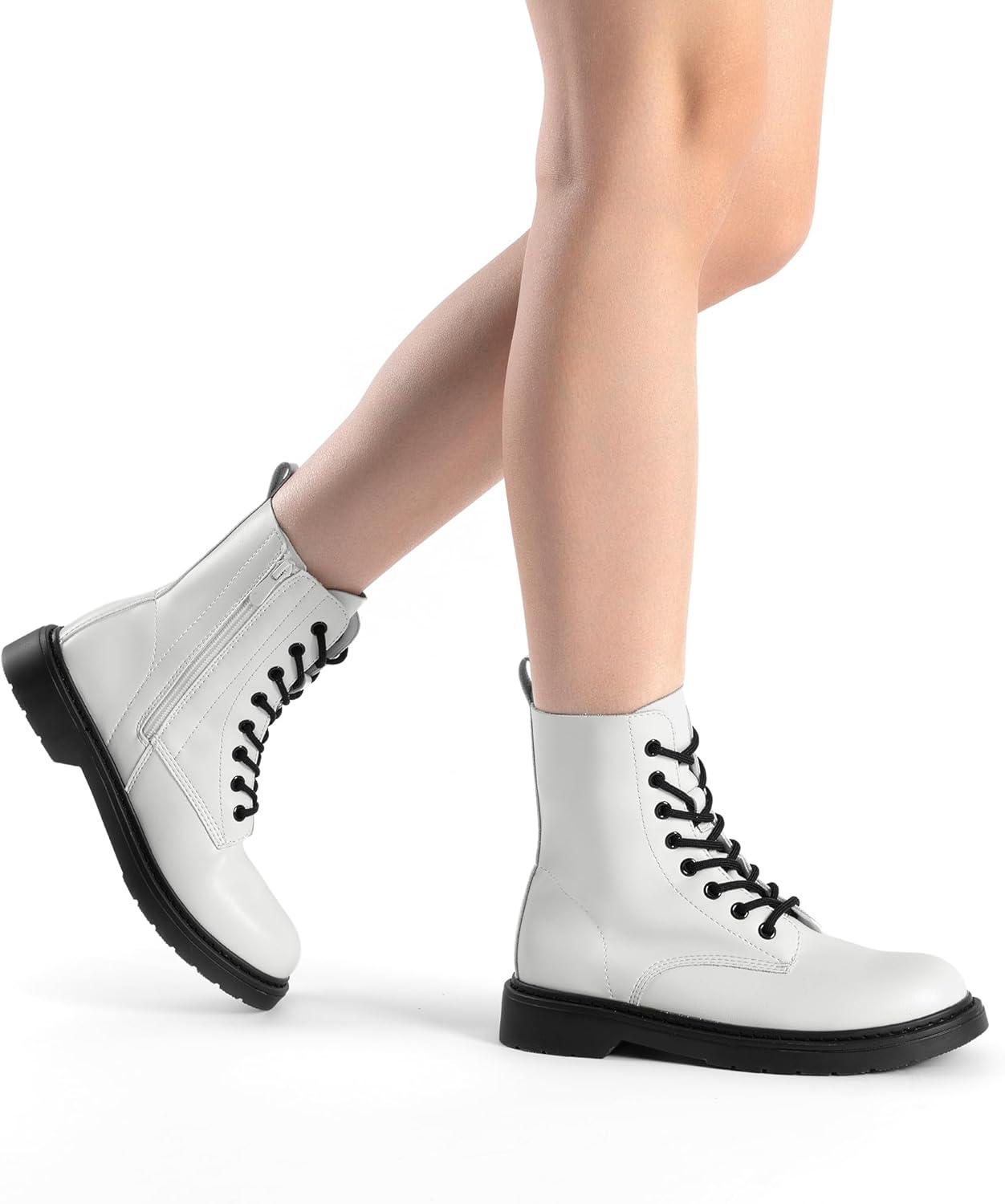 imageDREAM PAIRS Women Combat Boots Laceup Low Heel Ankle BootiesWhite