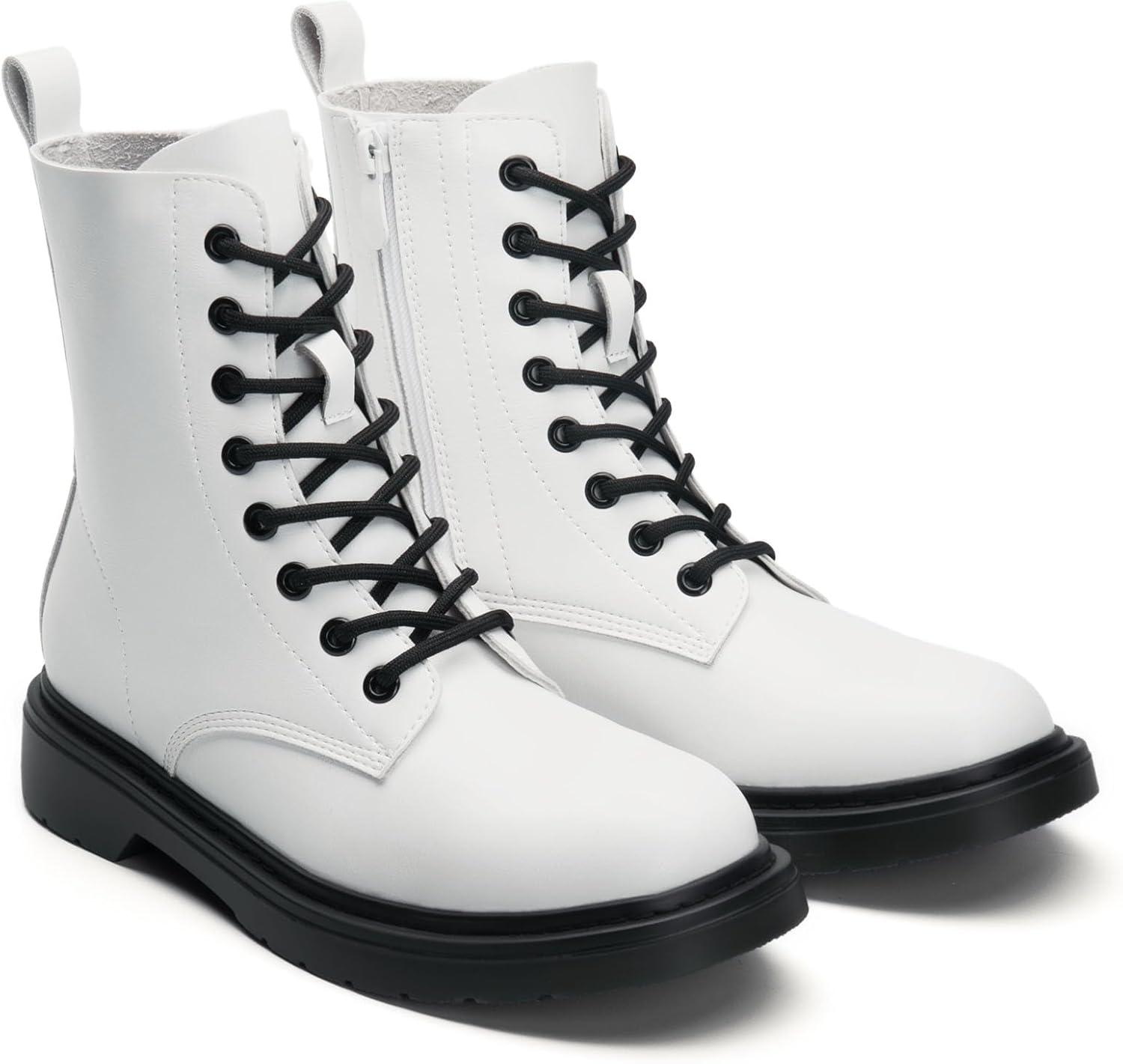 imageDREAM PAIRS Women Combat Boots Laceup Low Heel Ankle BootiesWhite