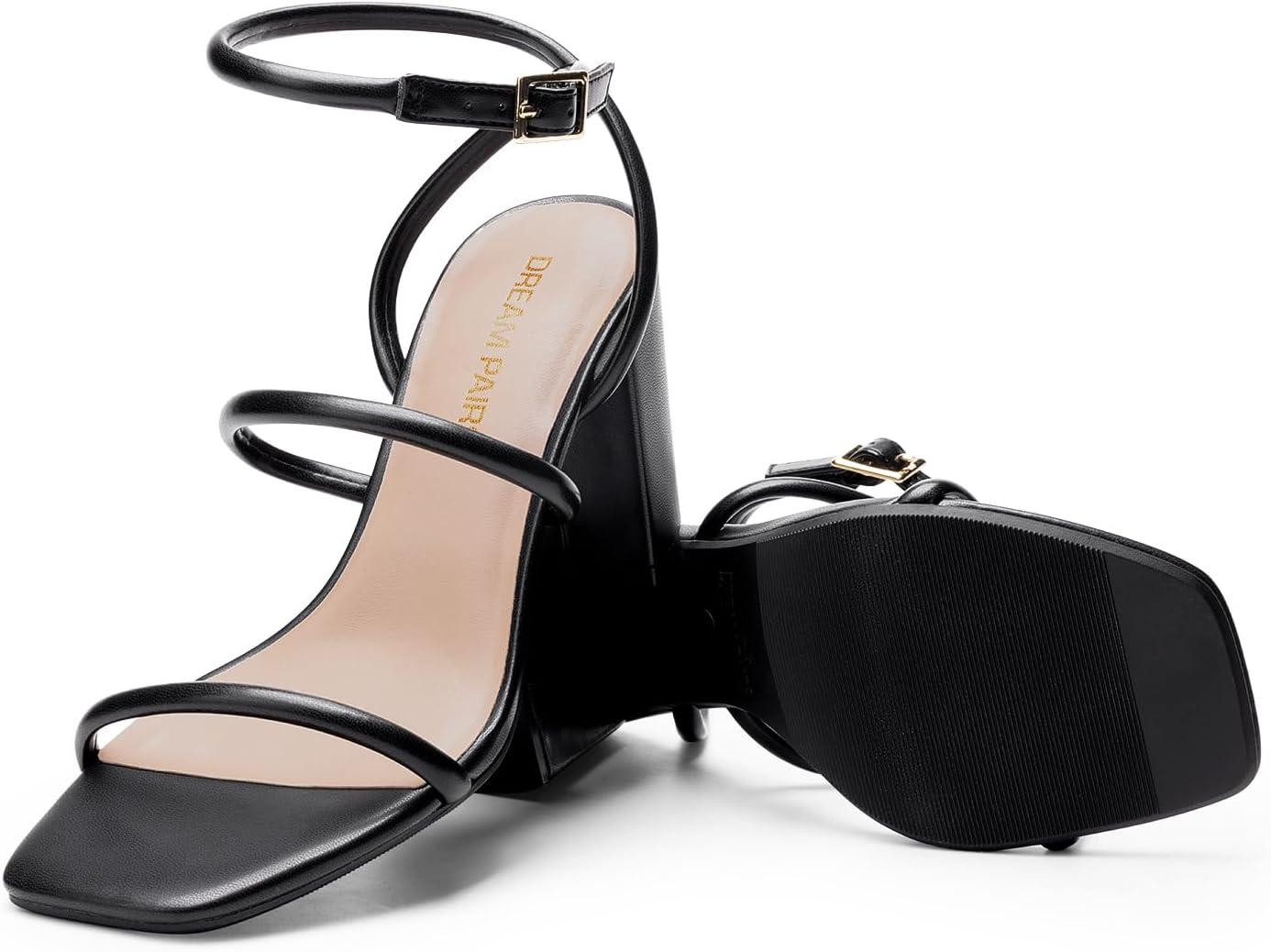 imageDREAM PAIRS Women Heels Chunky Square Open Toe Strappy Ankle Strap Block High Heeled Sandals for Dressy Wedding Comfortable ShoesBlack
