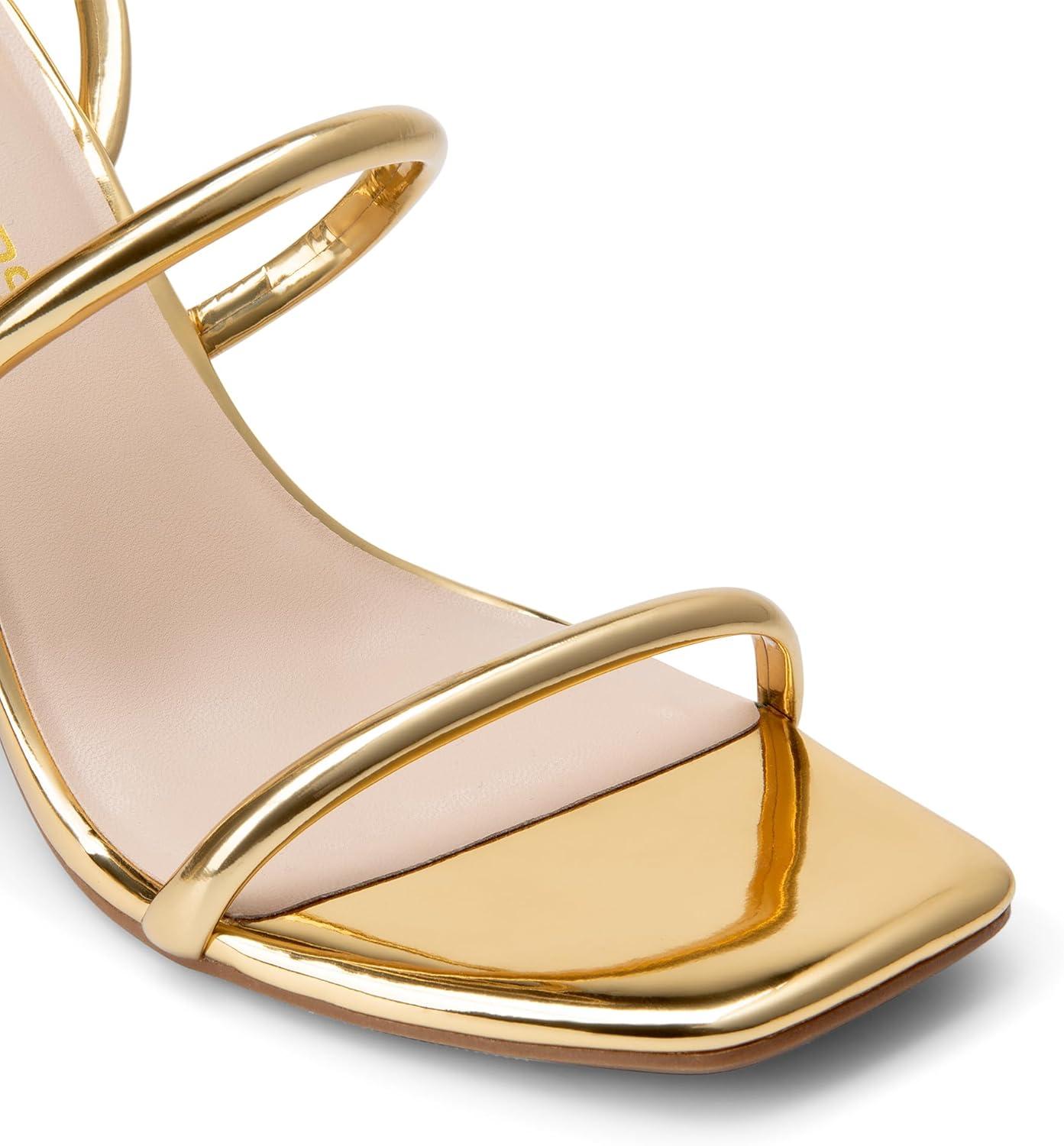 imageDREAM PAIRS Women Heels Chunky Square Open Toe Strappy Ankle Strap Block High Heeled Sandals for Dressy Wedding Comfortable ShoesGold