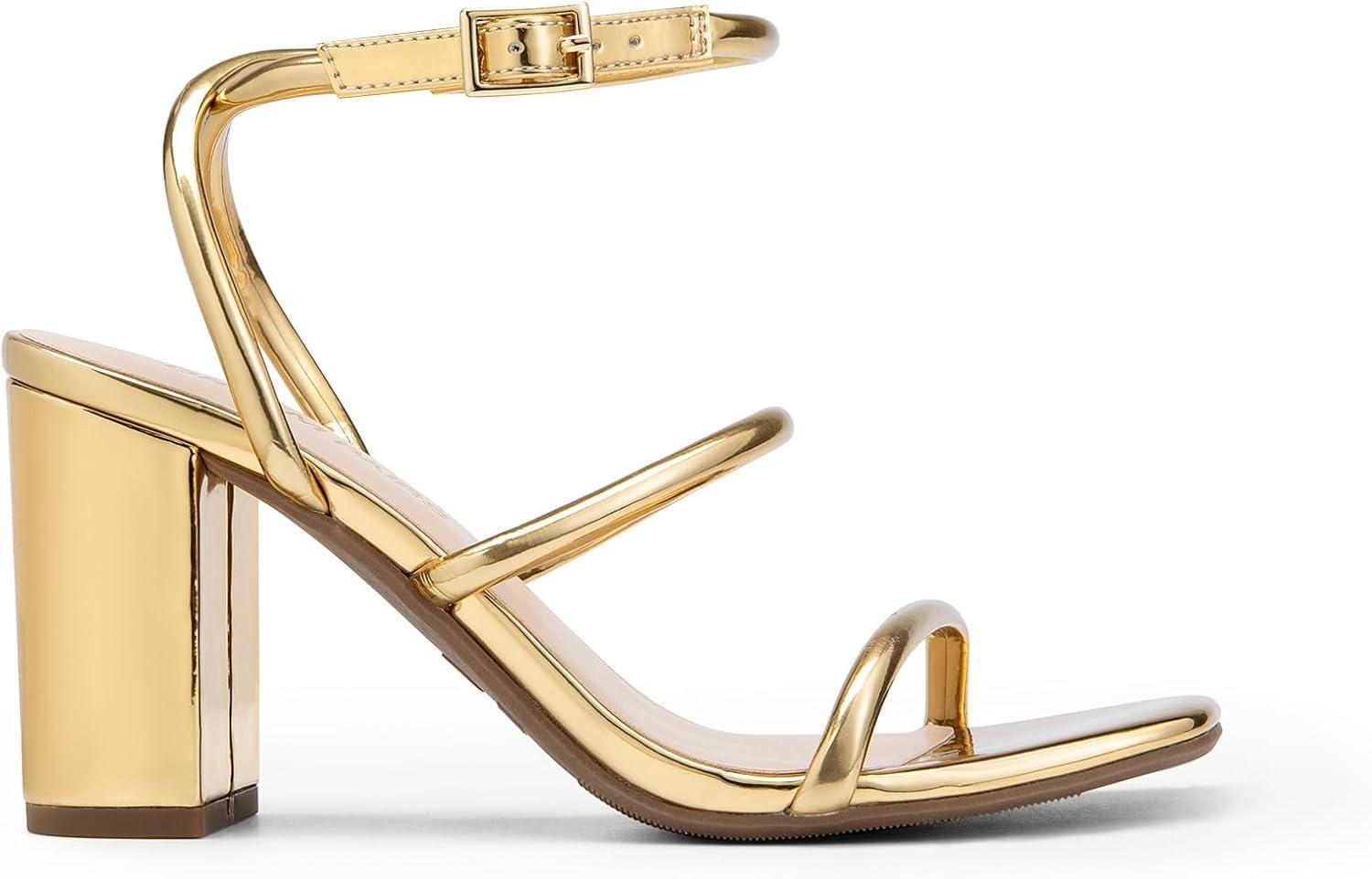 imageDREAM PAIRS Women Heels Chunky Square Open Toe Strappy Ankle Strap Block High Heeled Sandals for Dressy Wedding Comfortable ShoesGold