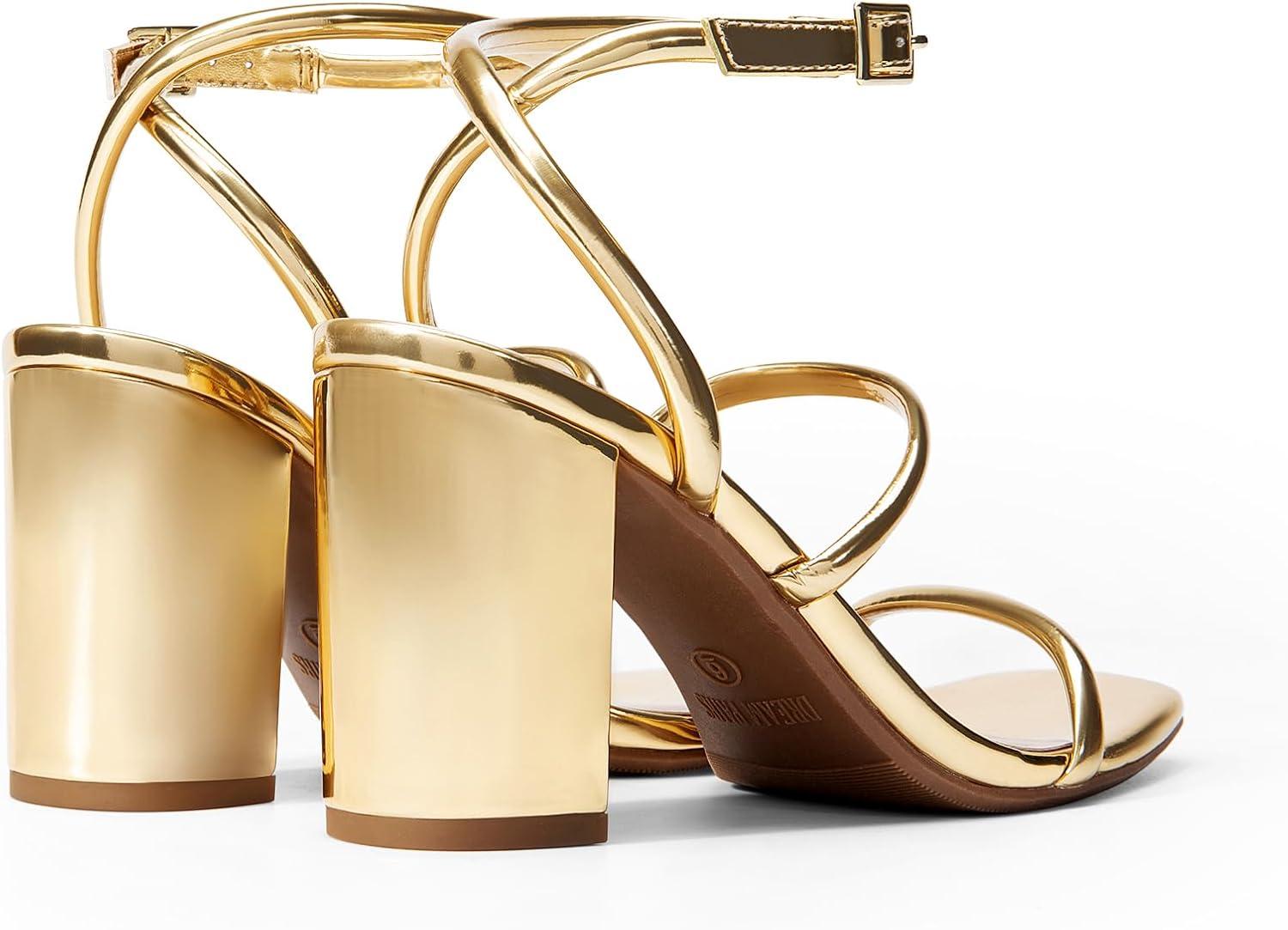 imageDREAM PAIRS Women Heels Chunky Square Open Toe Strappy Ankle Strap Block High Heeled Sandals for Dressy Wedding Comfortable ShoesGold
