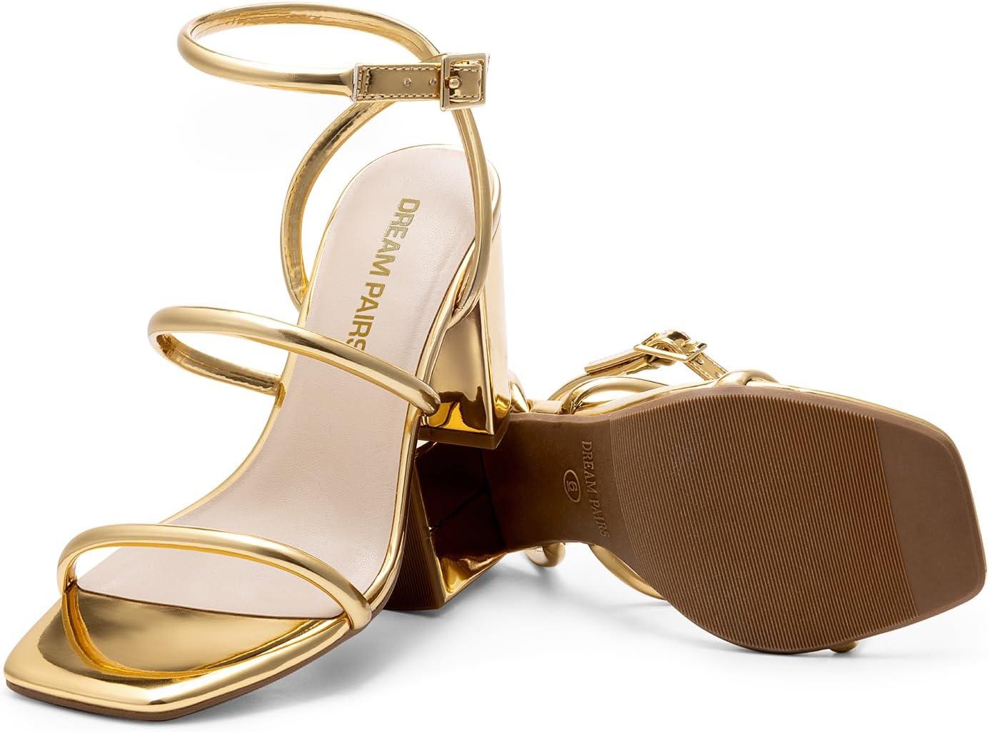 imageDREAM PAIRS Women Heels Chunky Square Open Toe Strappy Ankle Strap Block High Heeled Sandals for Dressy Wedding Comfortable ShoesGold