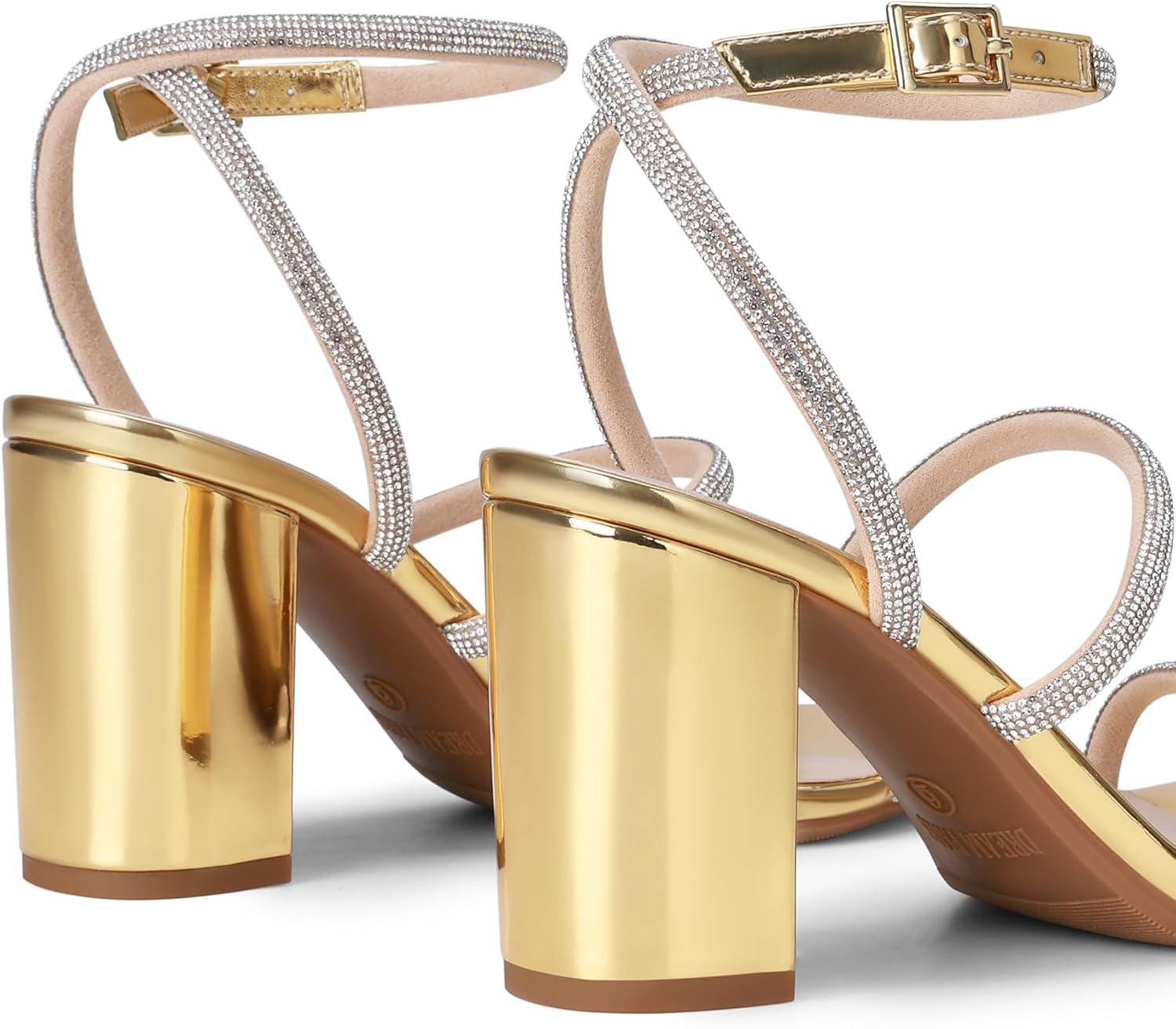 imageDREAM PAIRS Women Heels Chunky Square Open Toe Strappy Ankle Strap Block High Heeled Sandals for Dressy Wedding Comfortable ShoesGoldrhinestone