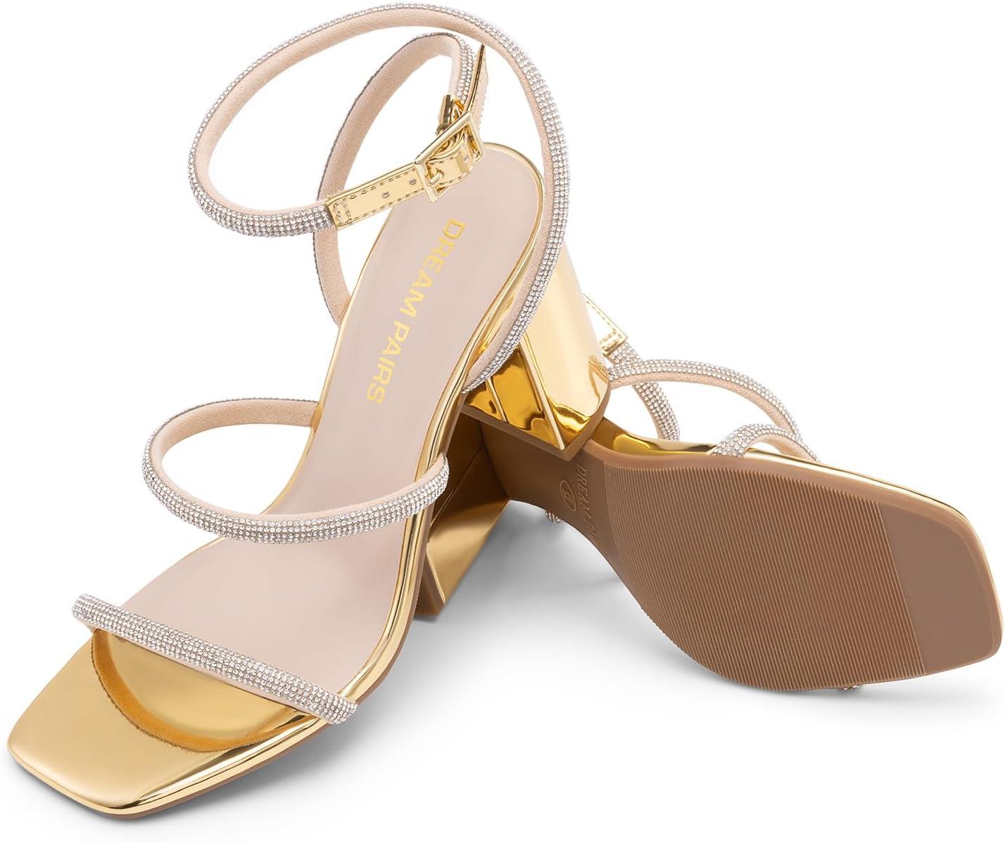 imageDREAM PAIRS Women Heels Chunky Square Open Toe Strappy Ankle Strap Block High Heeled Sandals for Dressy Wedding Comfortable ShoesGoldrhinestone