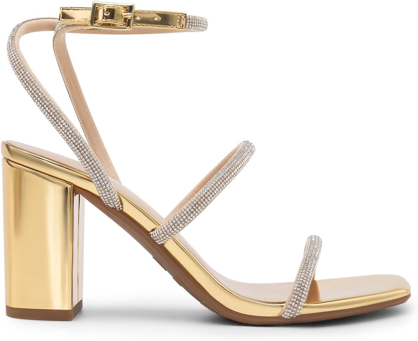 imageDREAM PAIRS Women Heels Chunky Square Open Toe Strappy Ankle Strap Block High Heeled Sandals for Dressy Wedding Comfortable ShoesGoldrhinestone