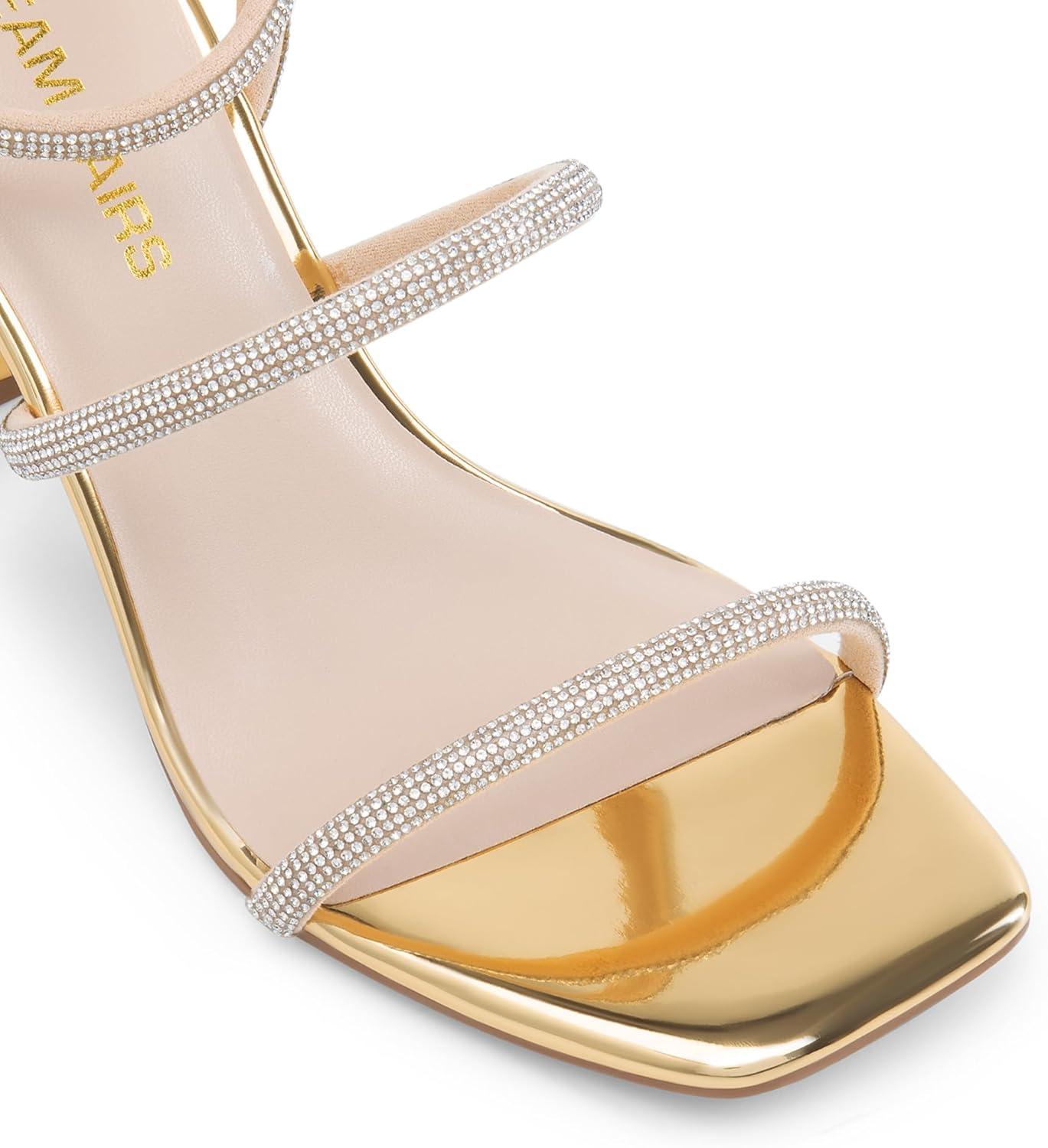 imageDREAM PAIRS Women Heels Chunky Square Open Toe Strappy Ankle Strap Block High Heeled Sandals for Dressy Wedding Comfortable ShoesGoldrhinestone