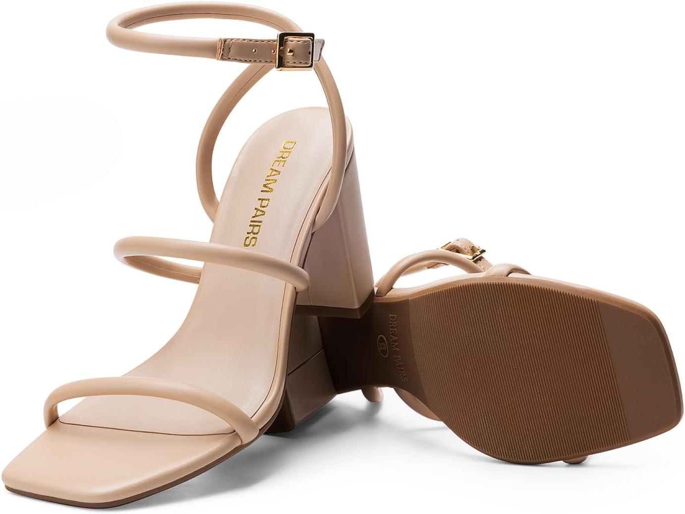 imageDREAM PAIRS Women Heels Chunky Square Open Toe Strappy Ankle Strap Block High Heeled Sandals for Dressy Wedding Comfortable ShoesNude