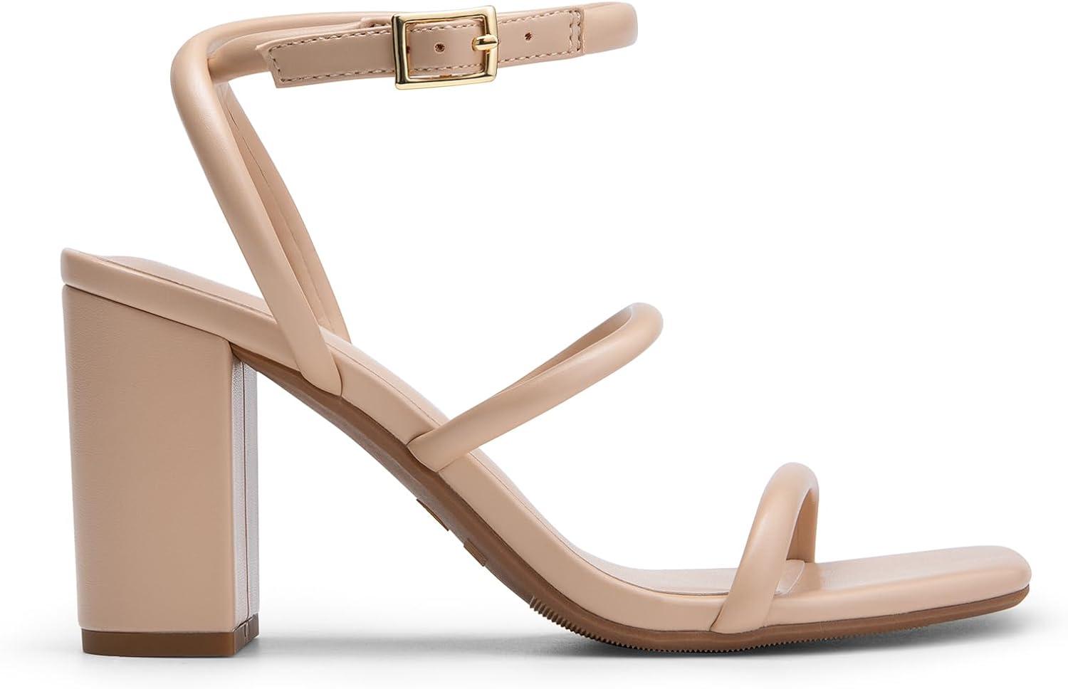 imageDREAM PAIRS Women Heels Chunky Square Open Toe Strappy Ankle Strap Block High Heeled Sandals for Dressy Wedding Comfortable ShoesNude