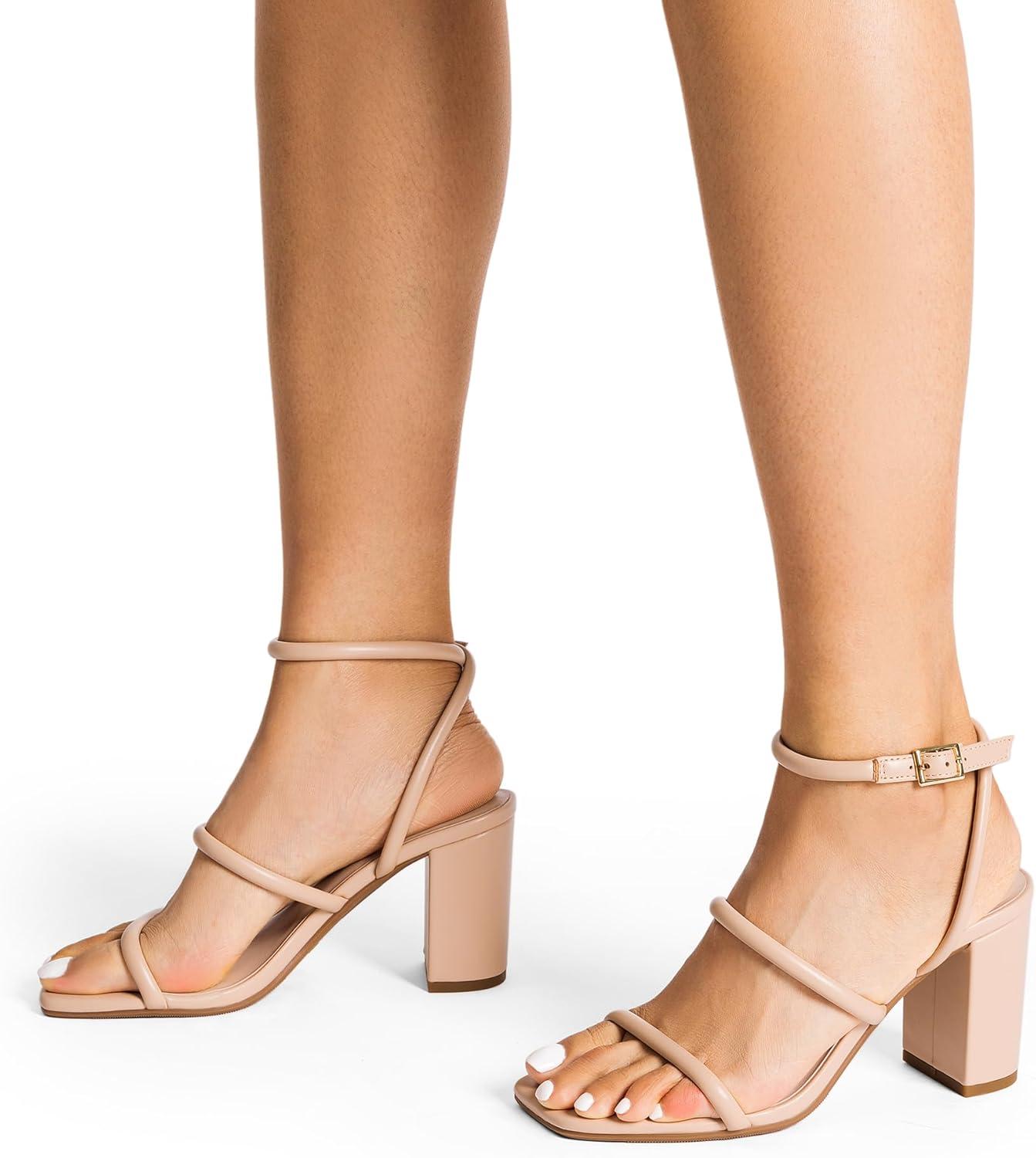 imageDREAM PAIRS Women Heels Chunky Square Open Toe Strappy Ankle Strap Block High Heeled Sandals for Dressy Wedding Comfortable ShoesNude