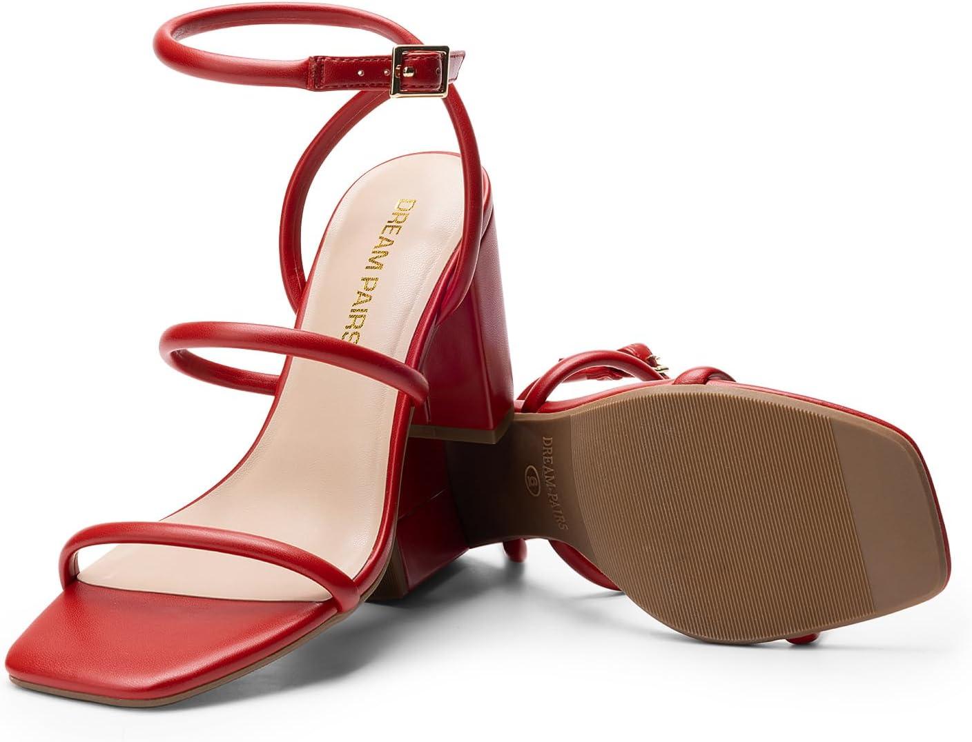 imageDREAM PAIRS Women Heels Chunky Square Open Toe Strappy Ankle Strap Block High Heeled Sandals for Dressy Wedding Comfortable ShoesRed