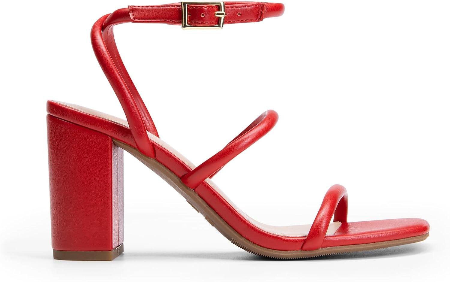 imageDREAM PAIRS Women Heels Chunky Square Open Toe Strappy Ankle Strap Block High Heeled Sandals for Dressy Wedding Comfortable ShoesRed