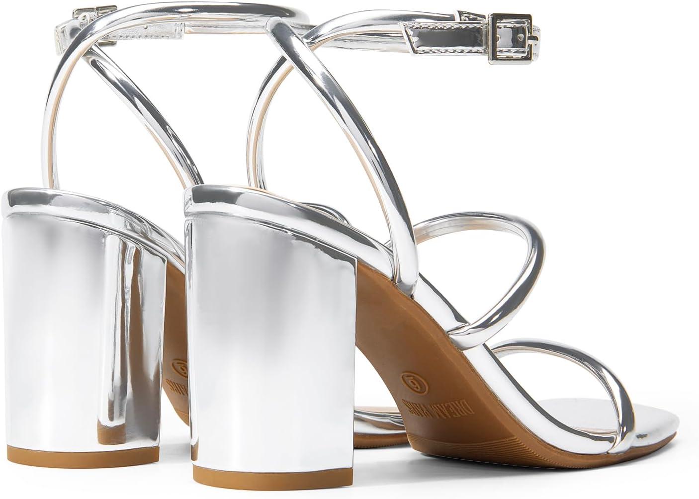 imageDREAM PAIRS Women Heels Chunky Square Open Toe Strappy Ankle Strap Block High Heeled Sandals for Dressy Wedding Comfortable ShoesSilverpat