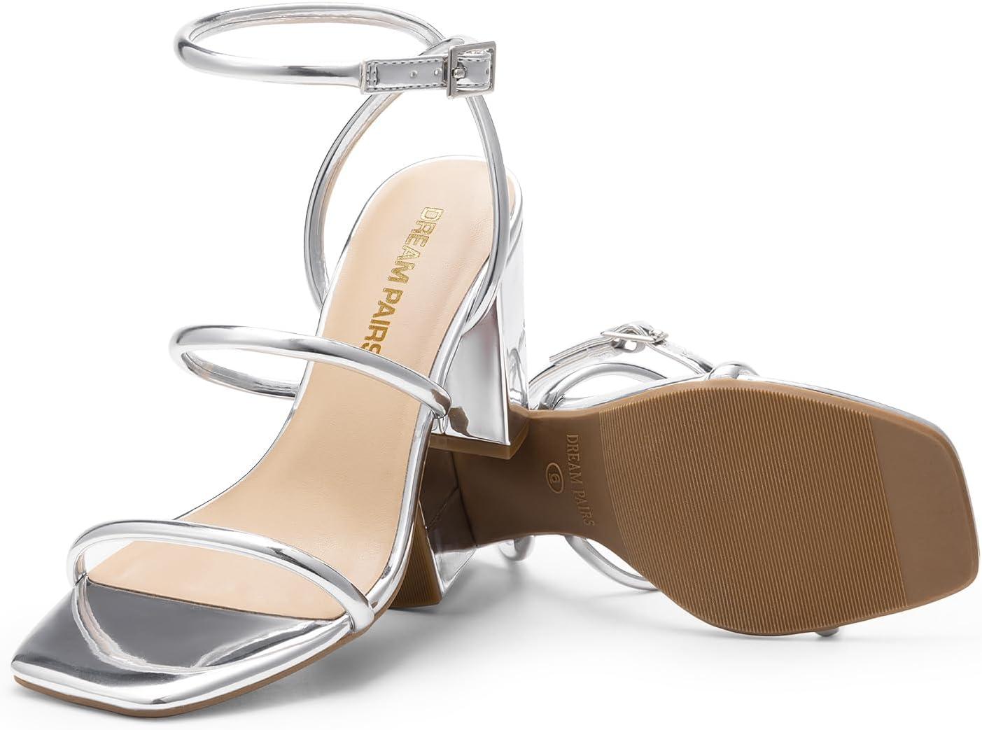 imageDREAM PAIRS Women Heels Chunky Square Open Toe Strappy Ankle Strap Block High Heeled Sandals for Dressy Wedding Comfortable ShoesSilverpat