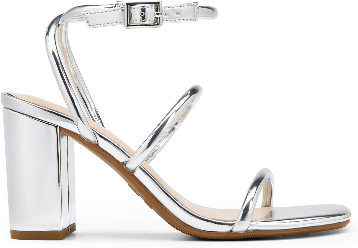 imageDREAM PAIRS Women Heels Chunky Square Open Toe Strappy Ankle Strap Block High Heeled Sandals for Dressy Wedding Comfortable ShoesSilverpat