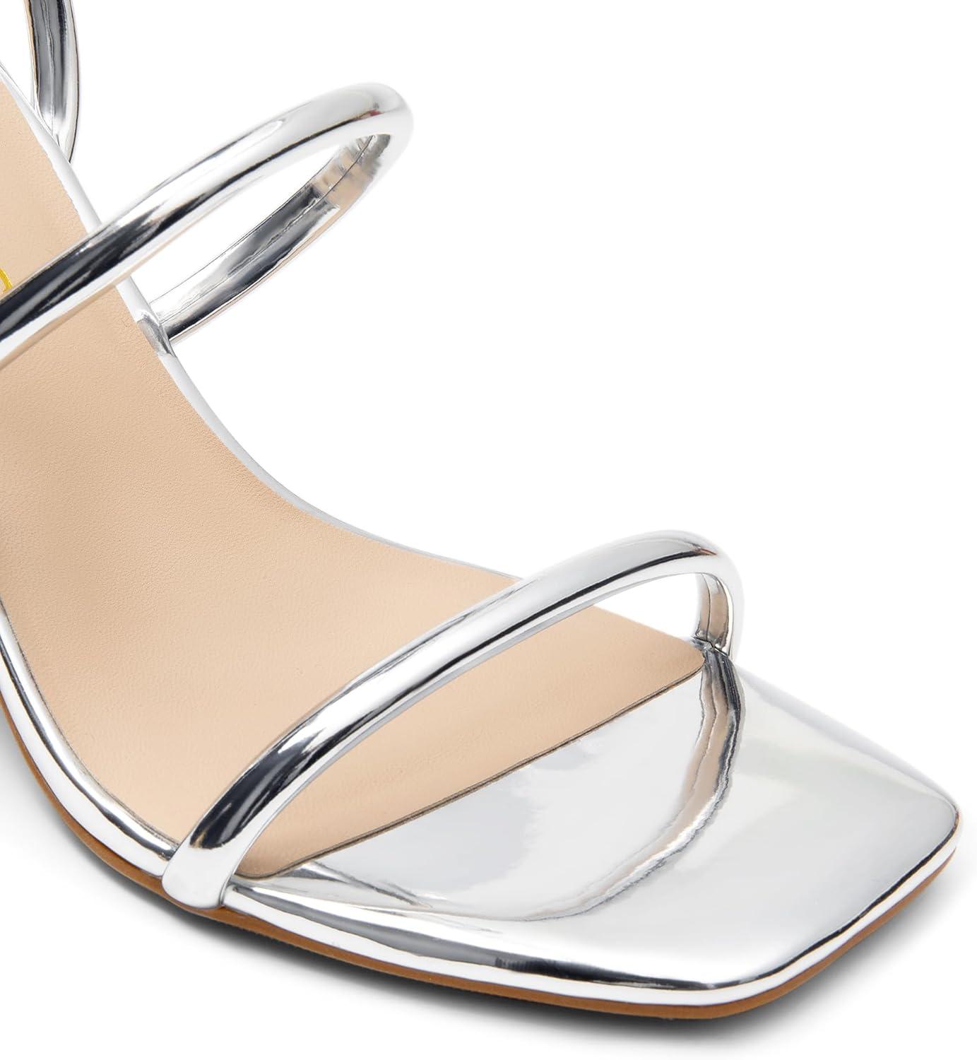 imageDREAM PAIRS Women Heels Chunky Square Open Toe Strappy Ankle Strap Block High Heeled Sandals for Dressy Wedding Comfortable ShoesSilverpat