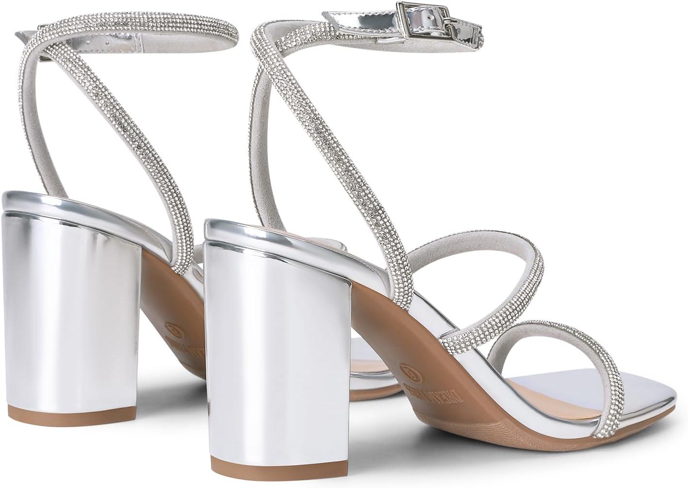 imageDREAM PAIRS Women Heels Chunky Square Open Toe Strappy Ankle Strap Block High Heeled Sandals for Dressy Wedding Comfortable ShoesSilverrhinestone